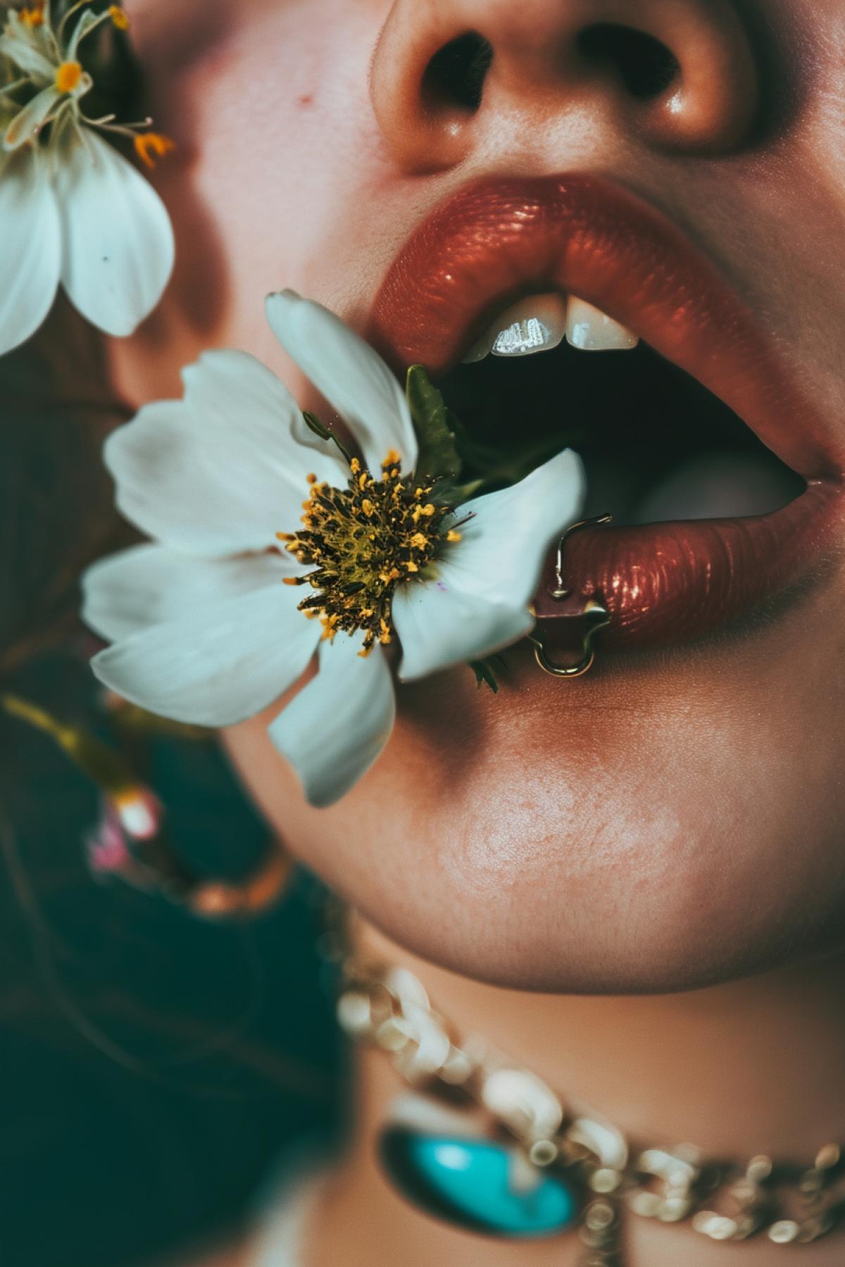 a close up of a person with a flower in their mouth, tumblr, blue jewellery, edible flowers, trailer, an epic fantasy, ad image