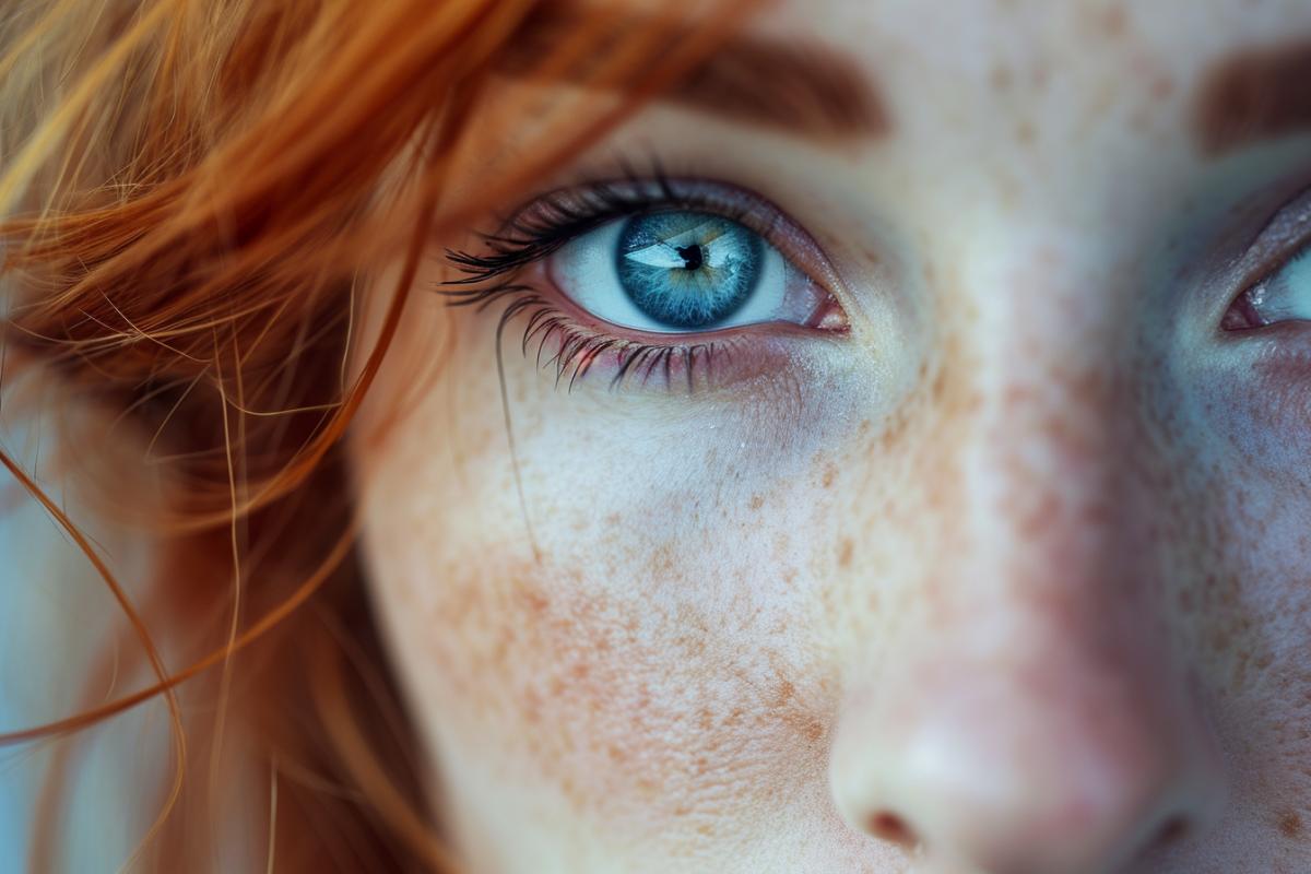 Extreme close-up photo of a redhead beautiful woman with blue eyes, nikon, codak, macro