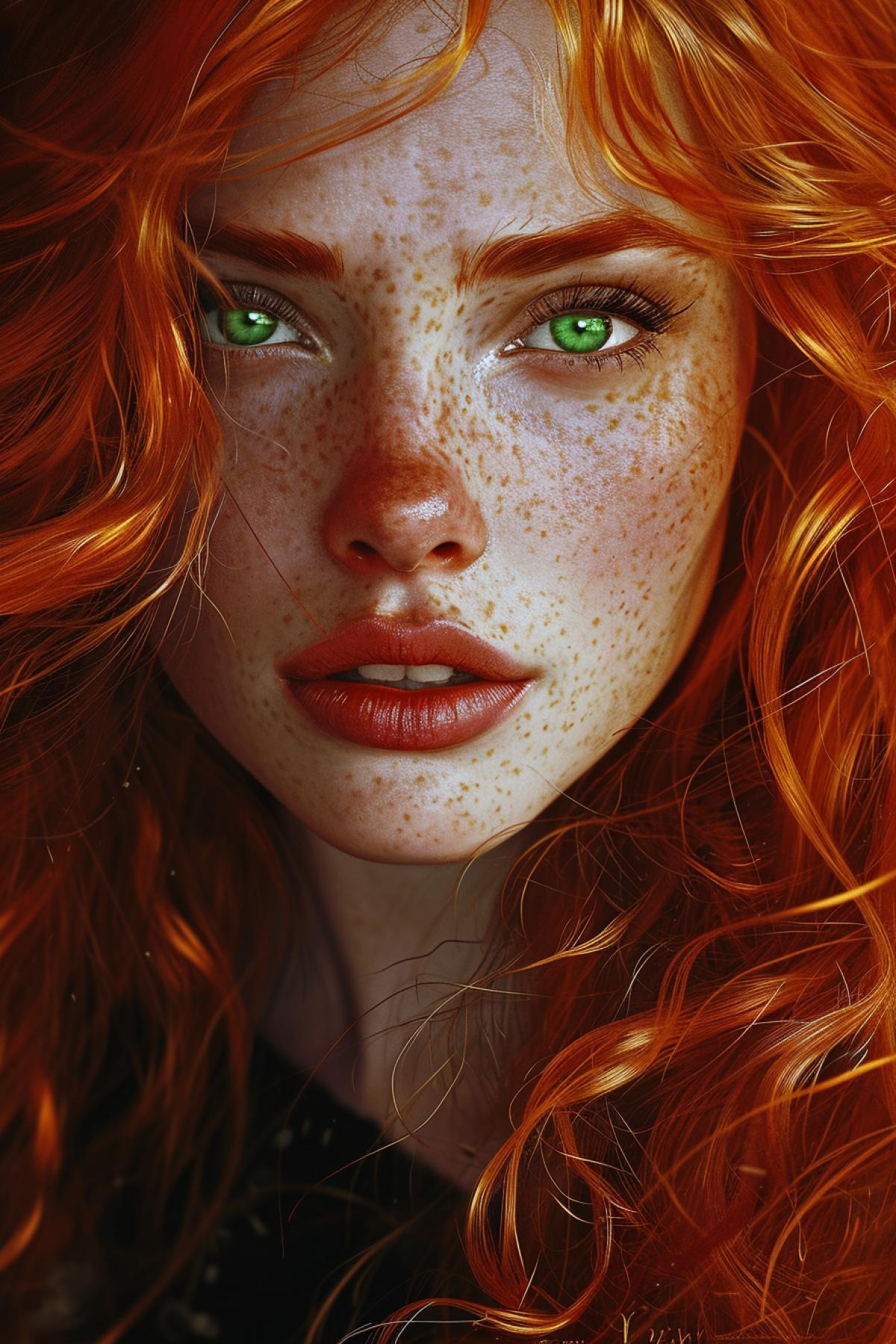 Portrait of a bright red-haired, arrogant, mocking witch with freckles and bright emerald eyes painting illustration