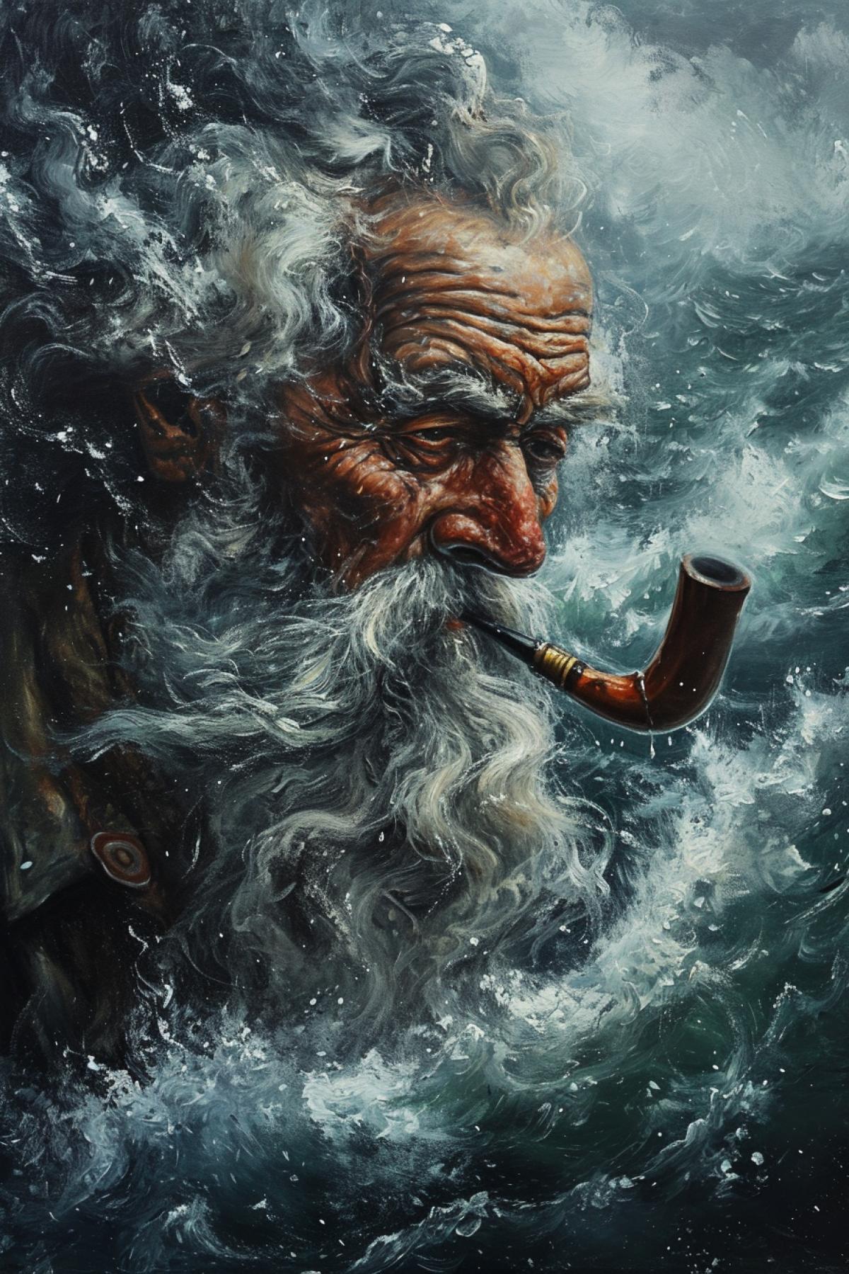 Old wise seawolf wrincles smoking pipe on the background of storming sea close-up portrait oil canvas