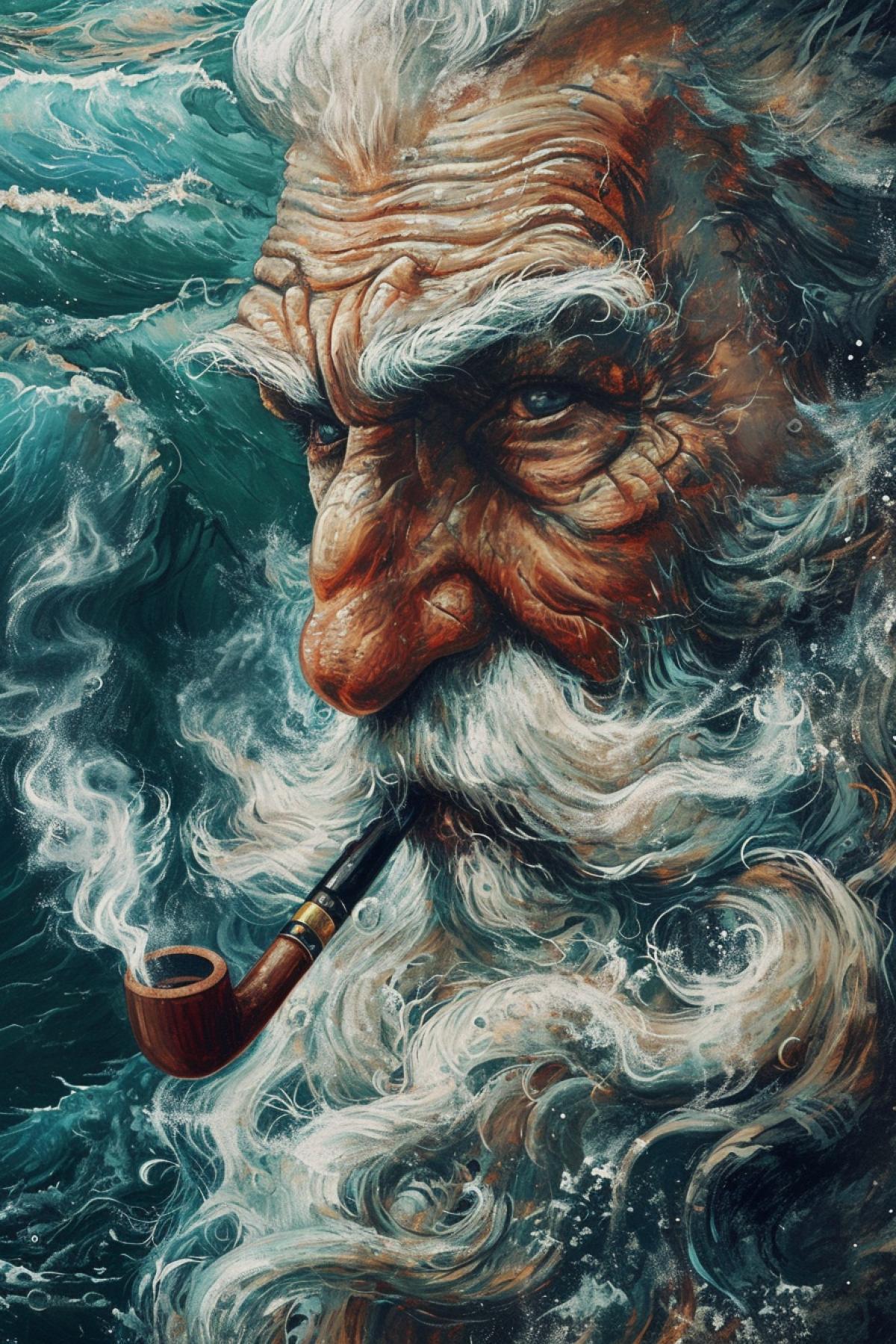 Old wise seawolf wrincles smoking pipe on the background of storming sea close-up very detailed portrait