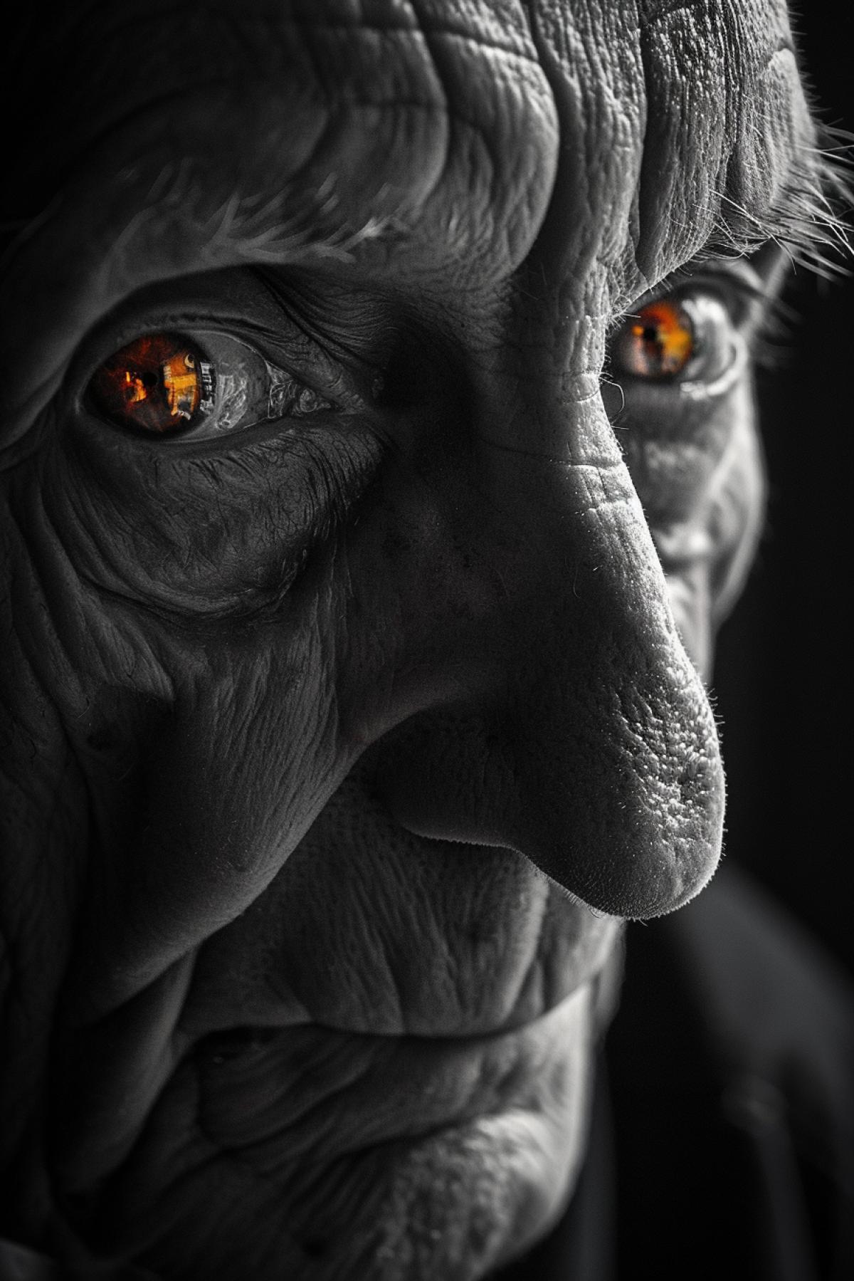 dark and white portrait photograph of an elderly balding man. Small depth of sharpness. Focus on the eyes. Children are reflected in the pupils in dark and red colors.