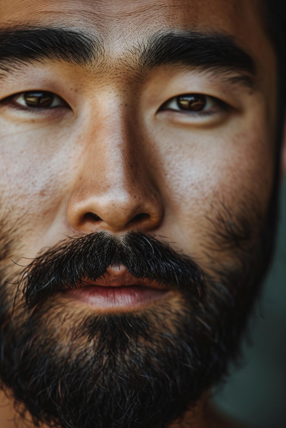 Close-up portrait of a handsome oriental man with a beard and mustache with dark eyes