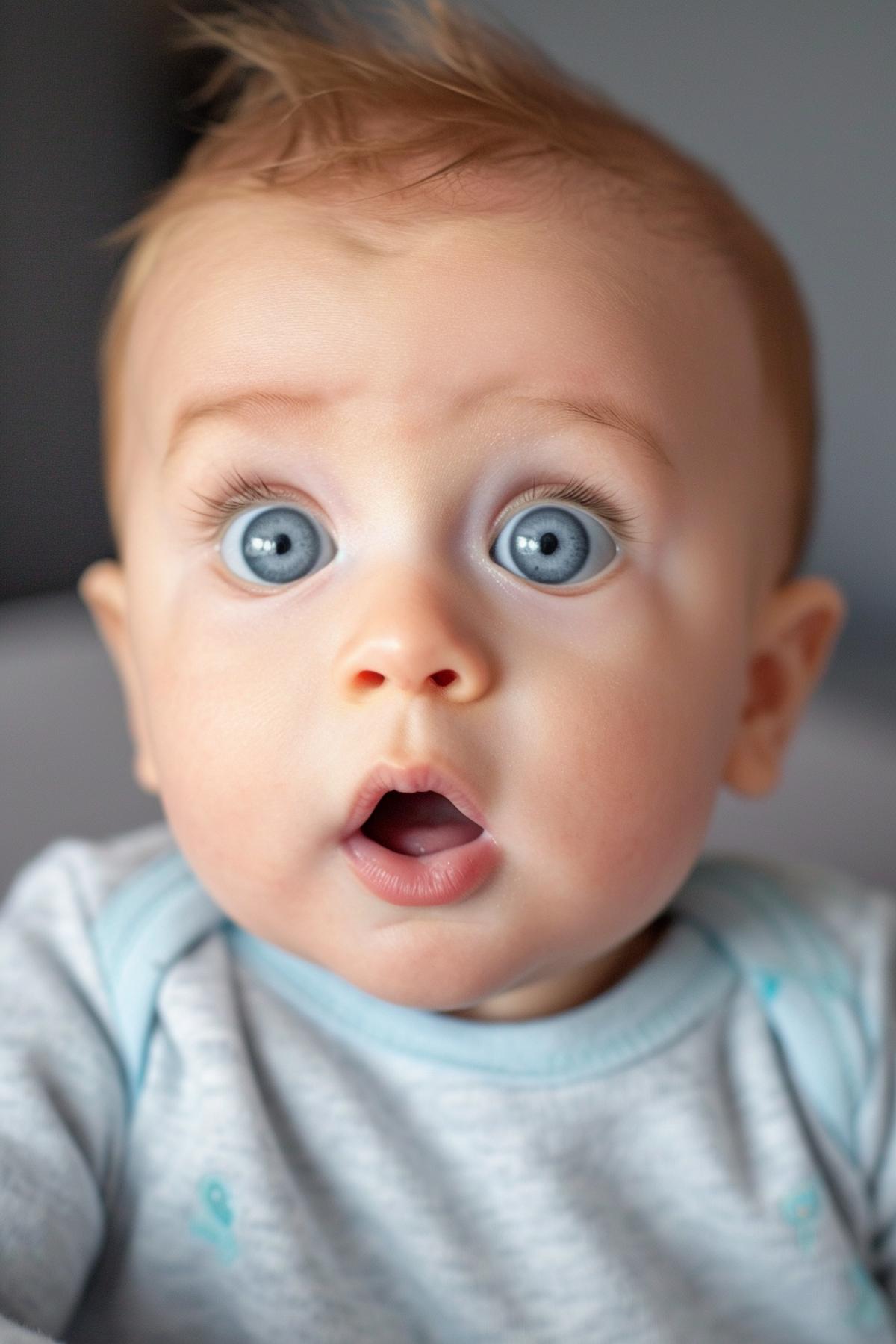 Cute baby first breath wide open eyes nice surprise close-up portrait