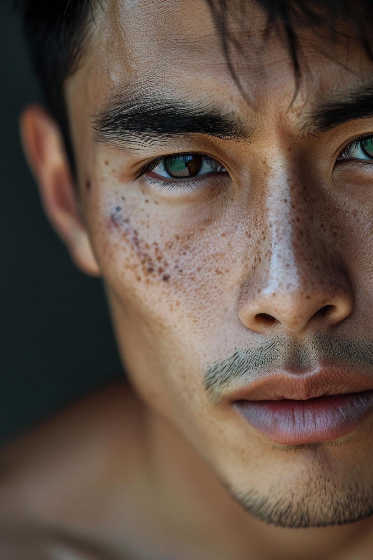 A handsome cool man of oriental appearance with dark eyes with a scar on his face, close-up, portrait