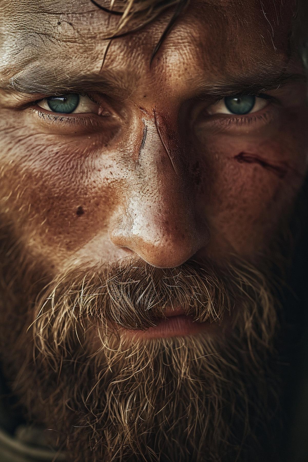 A man with a rough face suddenly with a scar on his eye with a beard, close-up portrait