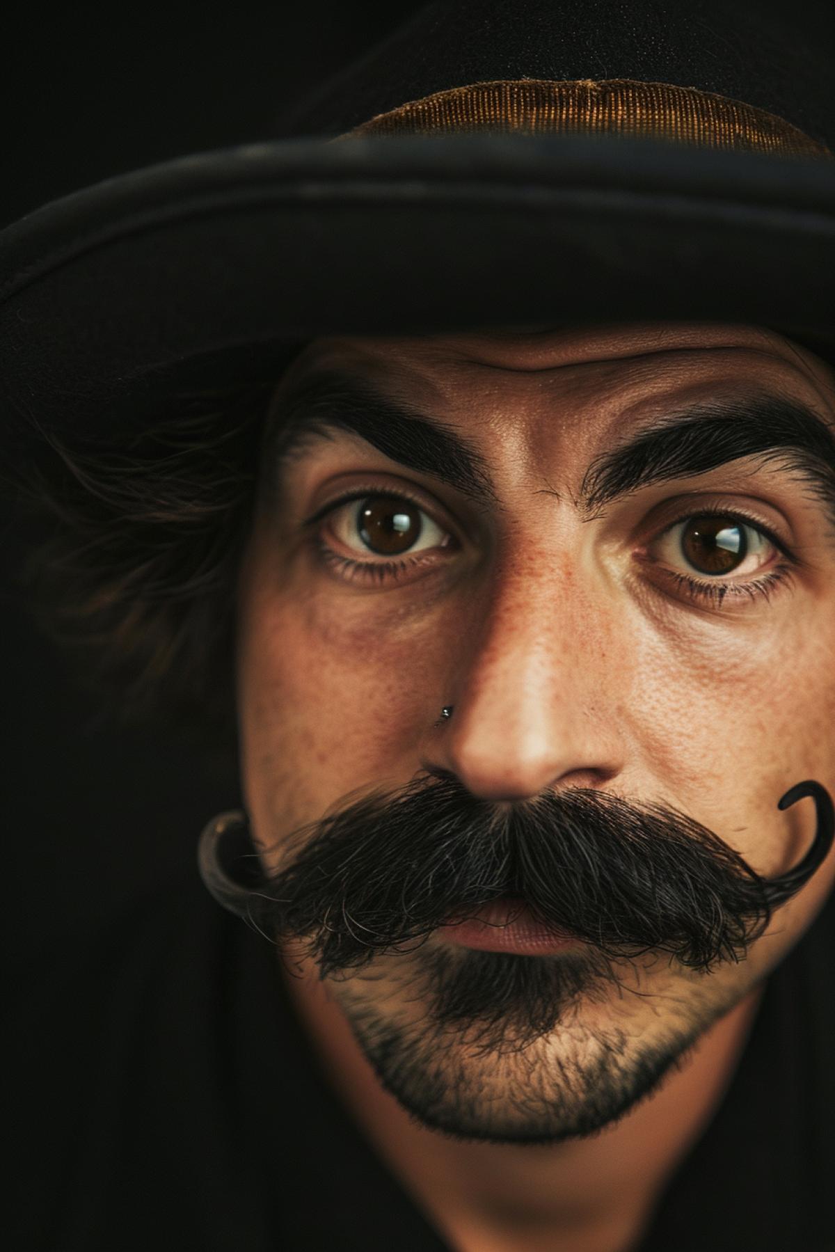 Handsome cool man with a big nose and an unusual mustache, close-up portrait
