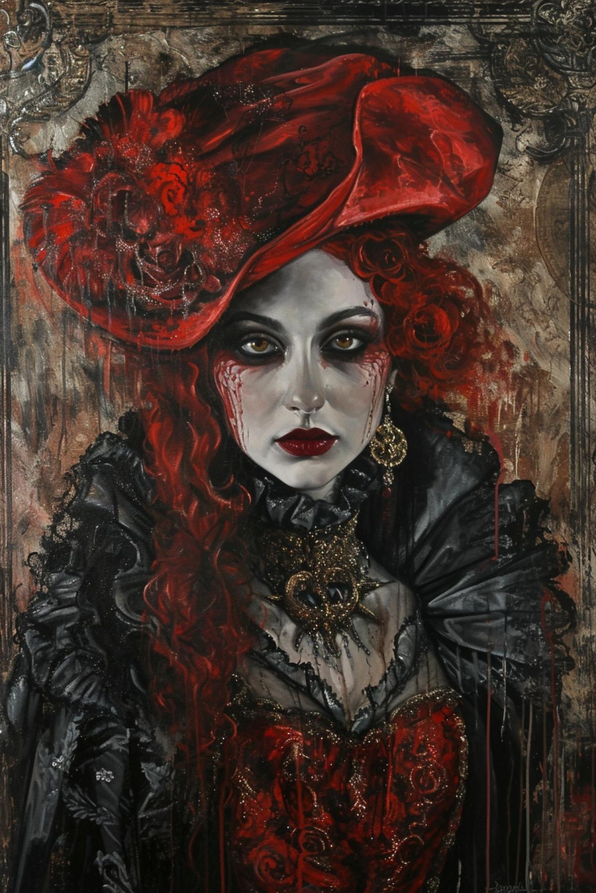 Portrait of a vampire medieval rococo gothic red liquidthirstiness greed magic painting