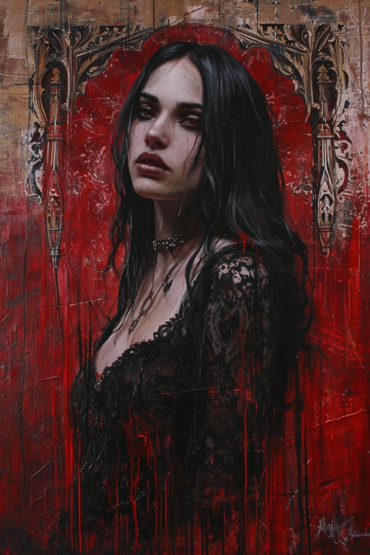 Portrait of a vampire medieval rococo gothic red liquidthirstiness greed magic painting