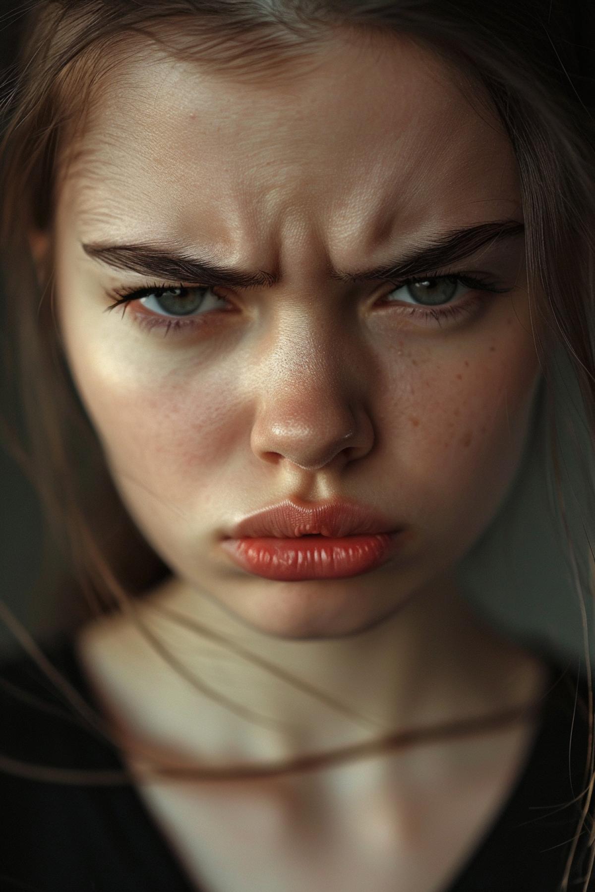Charming girl with emotion of resentment, frowning eyebrows and angry look, pouty trembling lips, close-up portrait, contrast lighting, post-processing with color correction