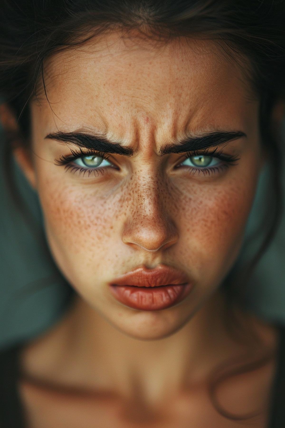 Charming girl with emotion of resentment, frowning eyebrows and angry look, pouty trembling lips, close-up portrait, contrast lighting, post-processing with color correction