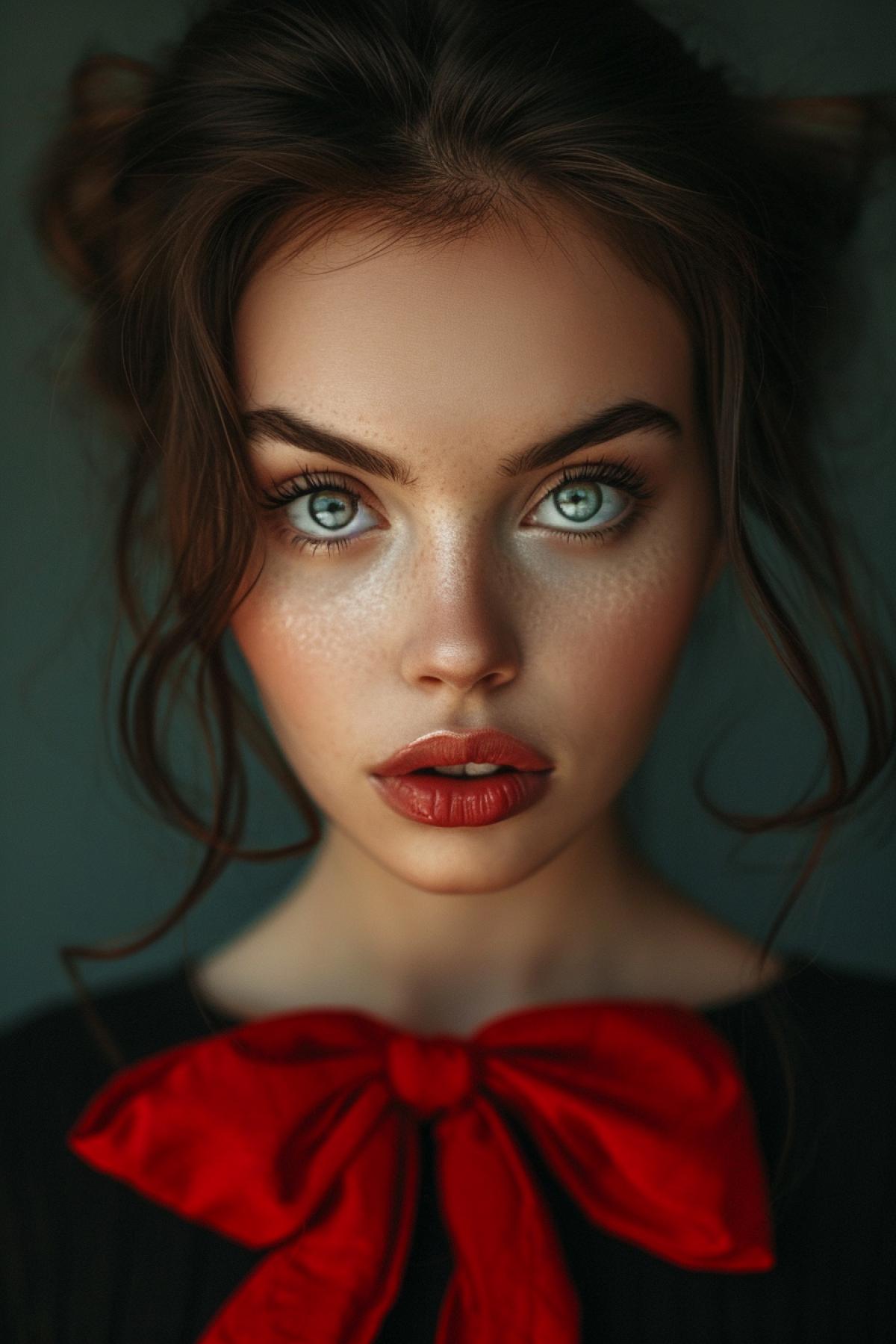 Charming girl with emotion of surprise, raised eyebrows and rounded look, rounded lips folded in a bow, close-up portrait, pulse lighting, post-processing with color correction