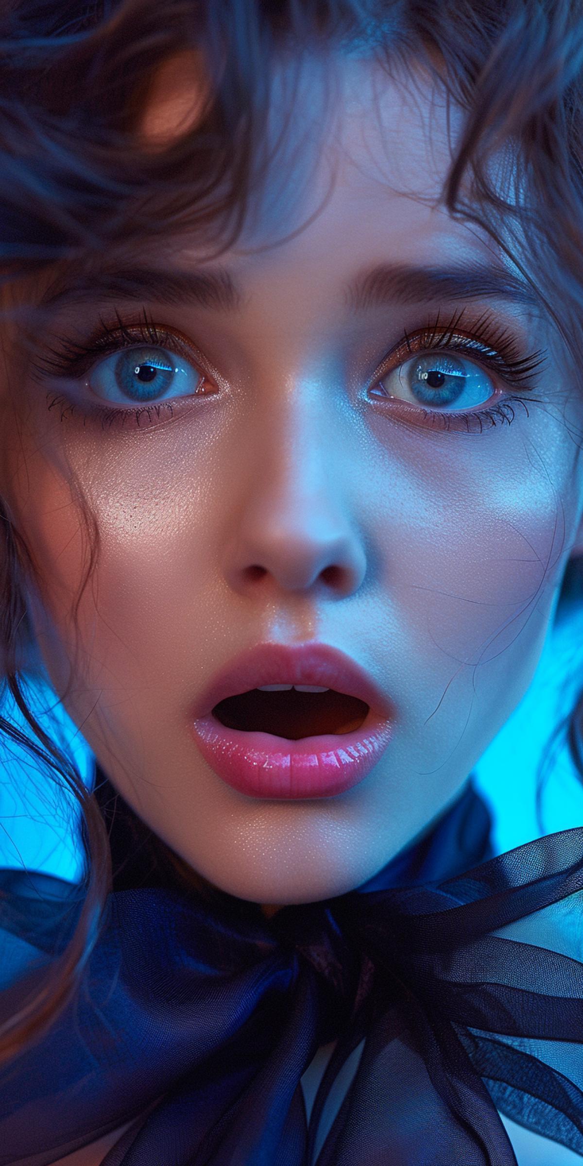 Charming girl with emotion of surprise, raised eyebrows and rounded look, rounded lips folded in a bow, close-up portrait, pulse lighting, post-processing with color correction
