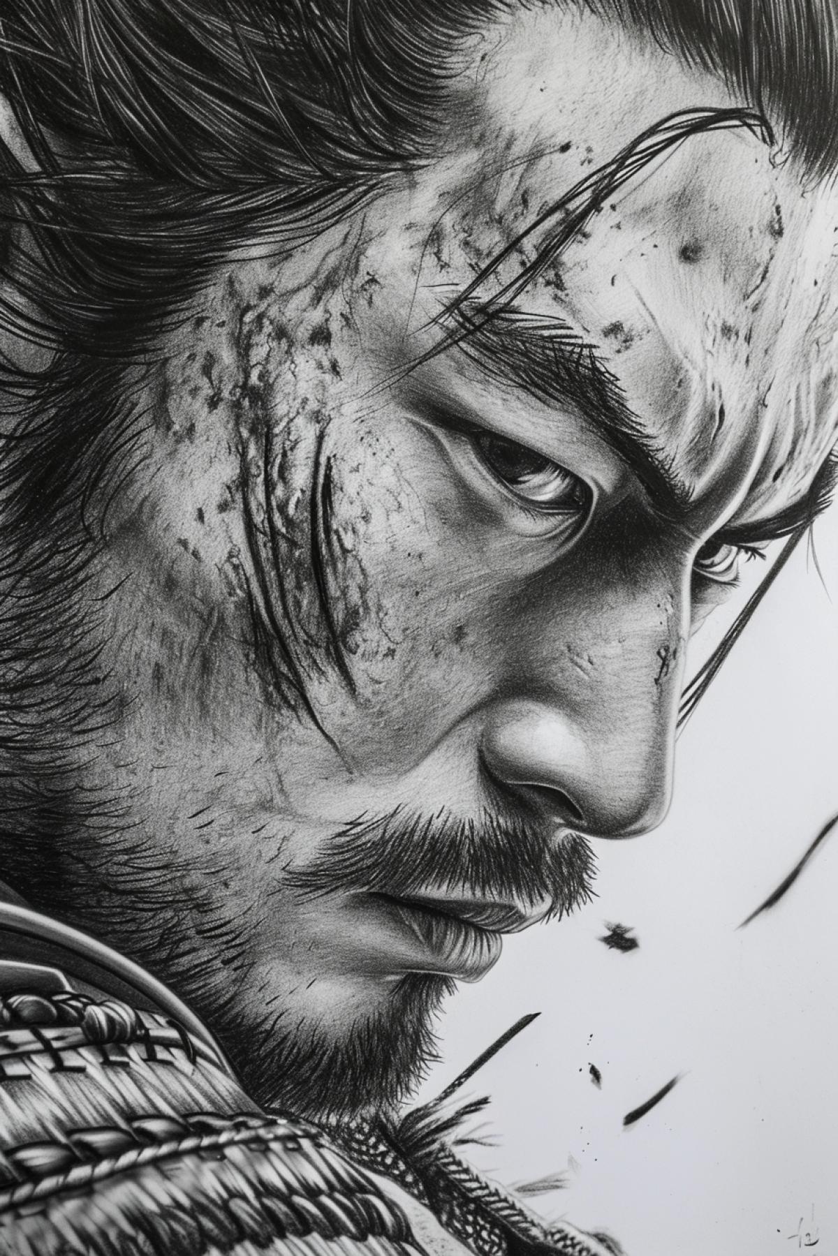 Young brave Japanese samurai ready to die close-up half-profile extremely detailed hyperrealistic portrait china ink pencil