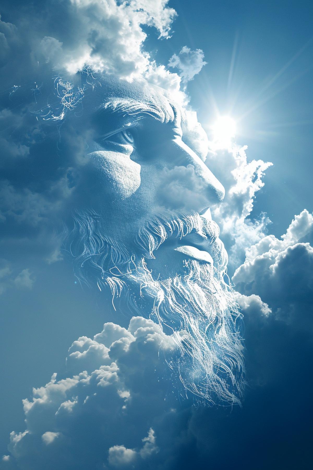 Close-up detailed portrait of God the lord almighty drawn by clouds in sky