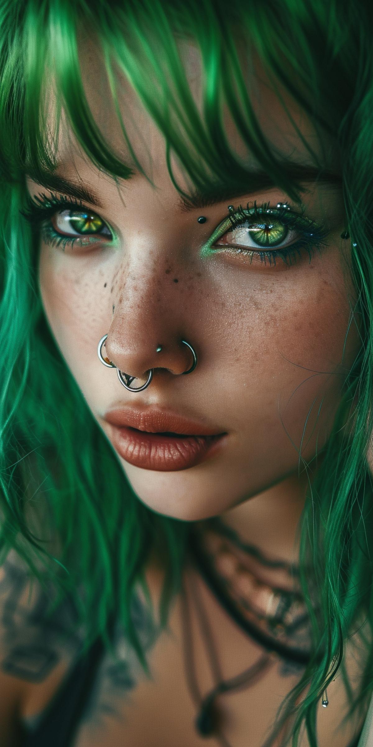 Portrait of a girl of alternative subculture with many piercings, eyebrow piercing, nose piercing, nose piercing, lip piercing, tattoo of a tear under the eye, green hair and green eyes, sly smile, slight head tilt, close-up portrait, pulsed lighting, post-processing with color correction