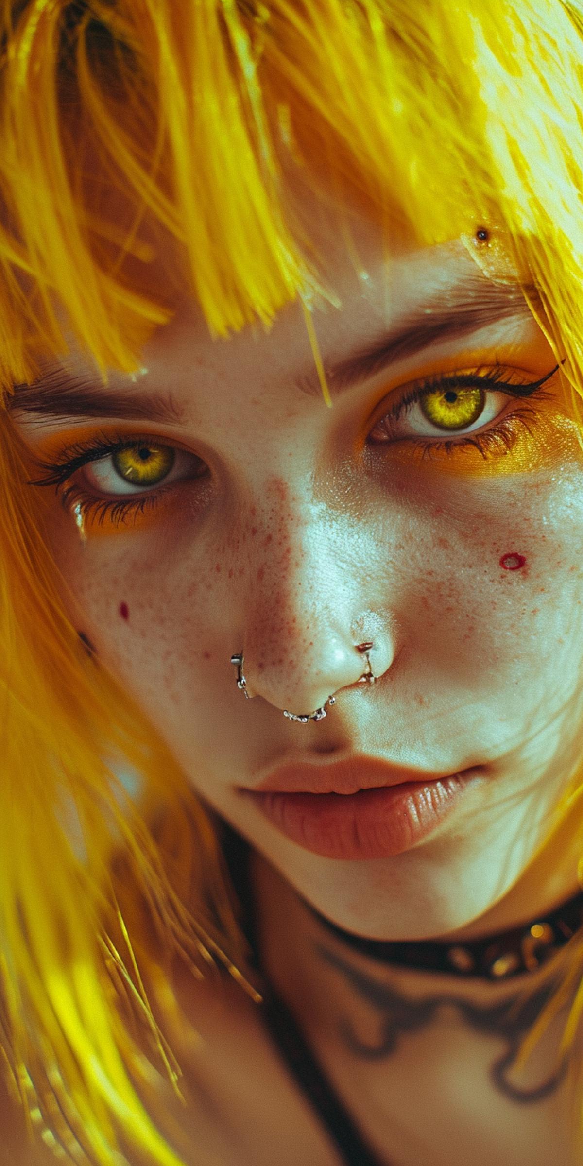 Portrait of a girl of alternative subculture with many piercings, eyebrow piercing, nose piercing, nose piercing, lip piercing, tattoo of a tear under the eye, yellow hair and yellow eyes, sly smile, slight head tilt, close-up portrait, pulsed lighting, post-processing with color correction