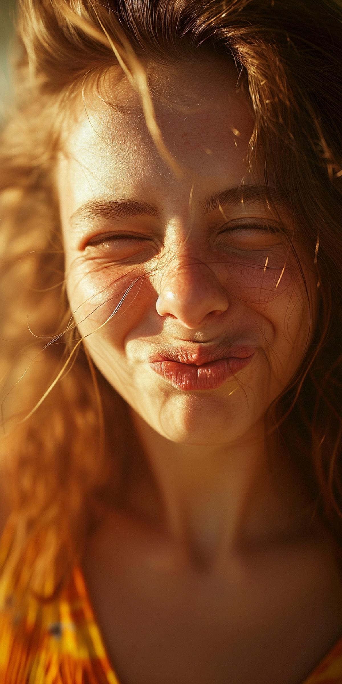 Beautiful girl with a cheerful grimace, one eye squeezed shut and lip bitten, blinding sun, close-up photo portrait.