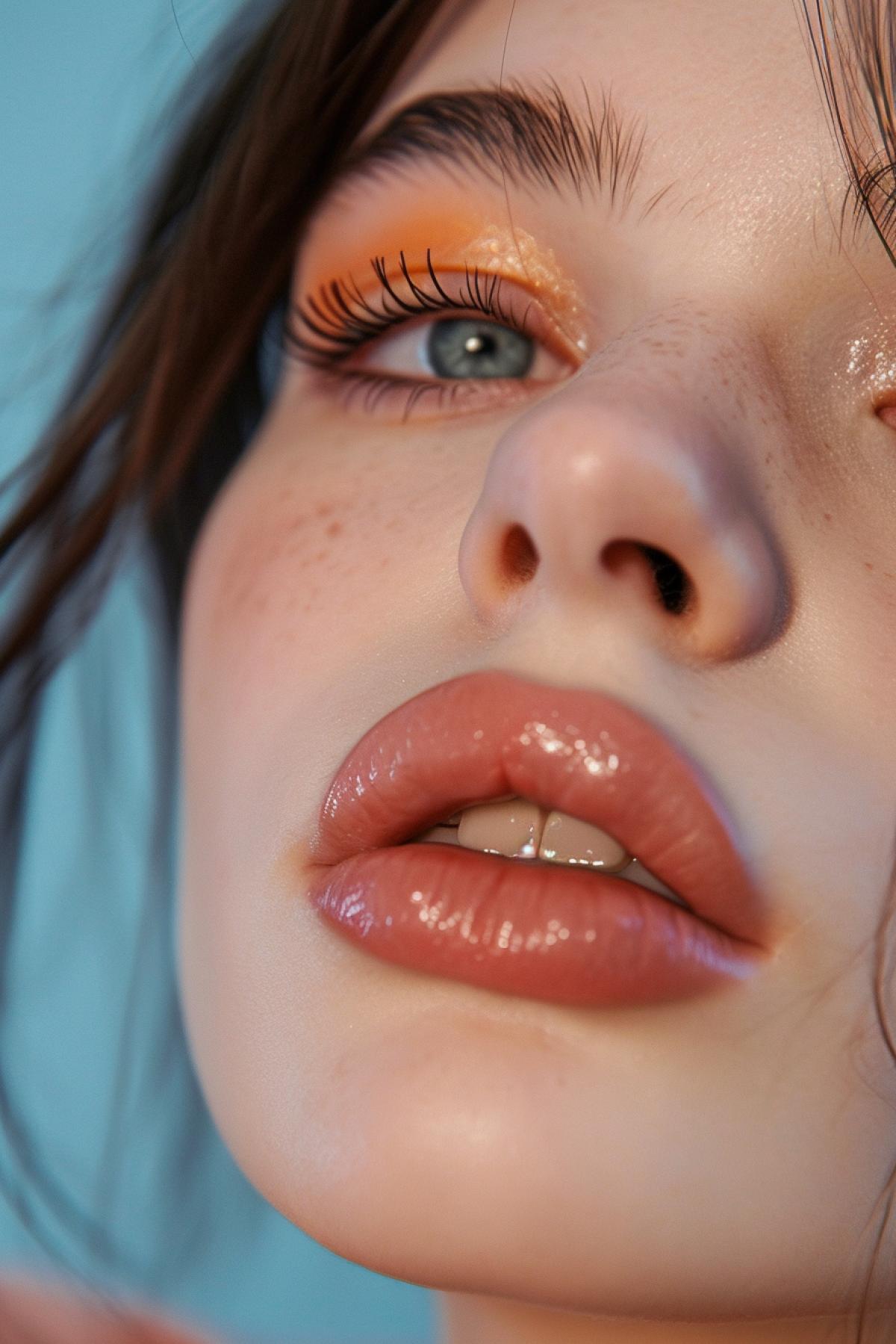 Close-up portrait of young 24-year-old woman victim after several spooky plastic medical botulinum toxin silicone enormous giant lips long artificial fast thick long eyelashes operated small nose coloured toxic hair