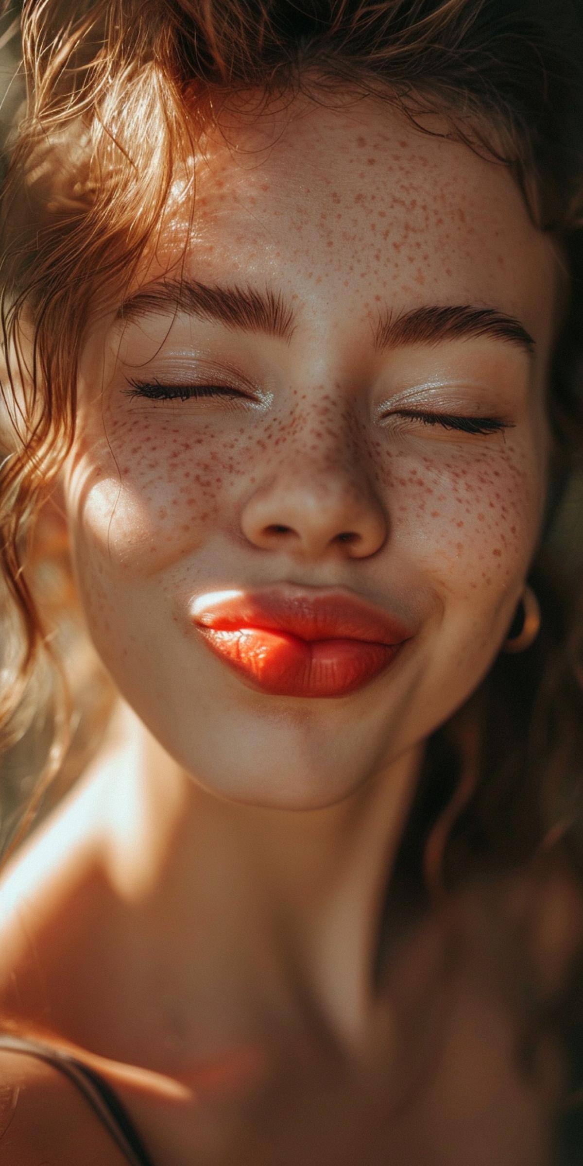 Beautiful girl with a cheerful grimace, one eye squeezed shut and lip bitten, blinding sun, close-up photo portrait.