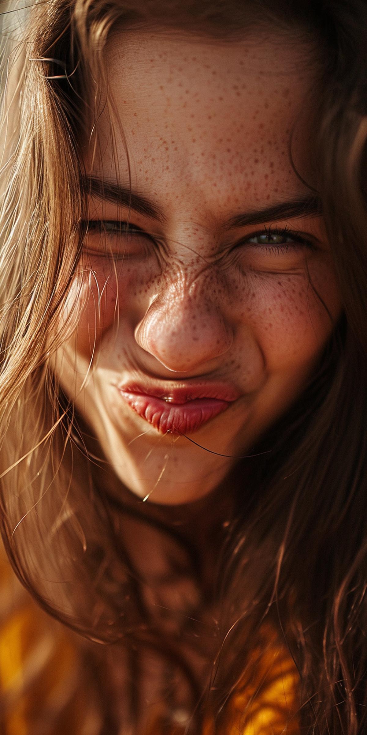 Beautiful girl with a cheerful grimace, one eye squeezed shut and lip bitten, blinding sun, close-up photo portrait.