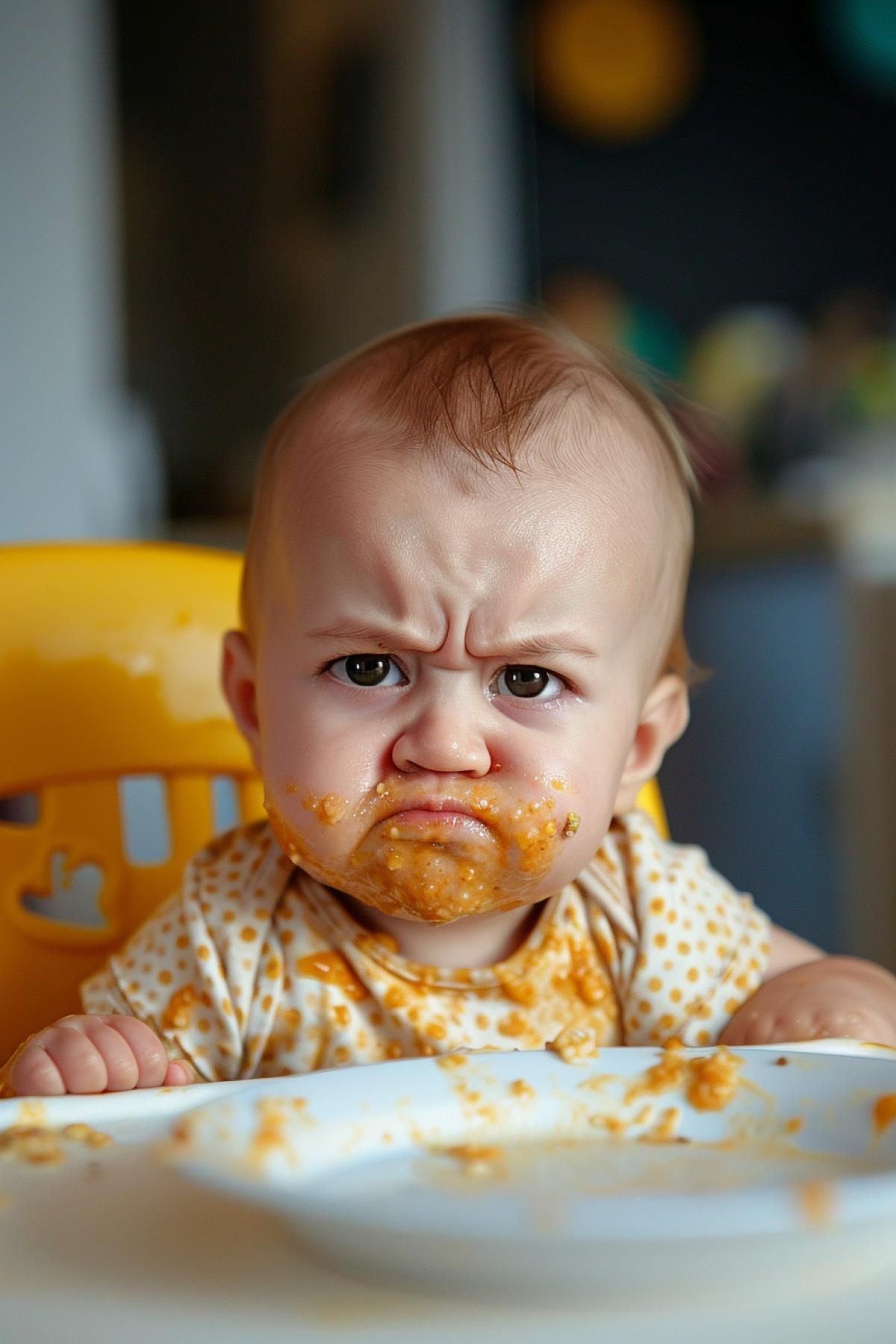 Close-up detailed portrait of playful baby who doesnt want to eat spots of porridge mess tears upset face