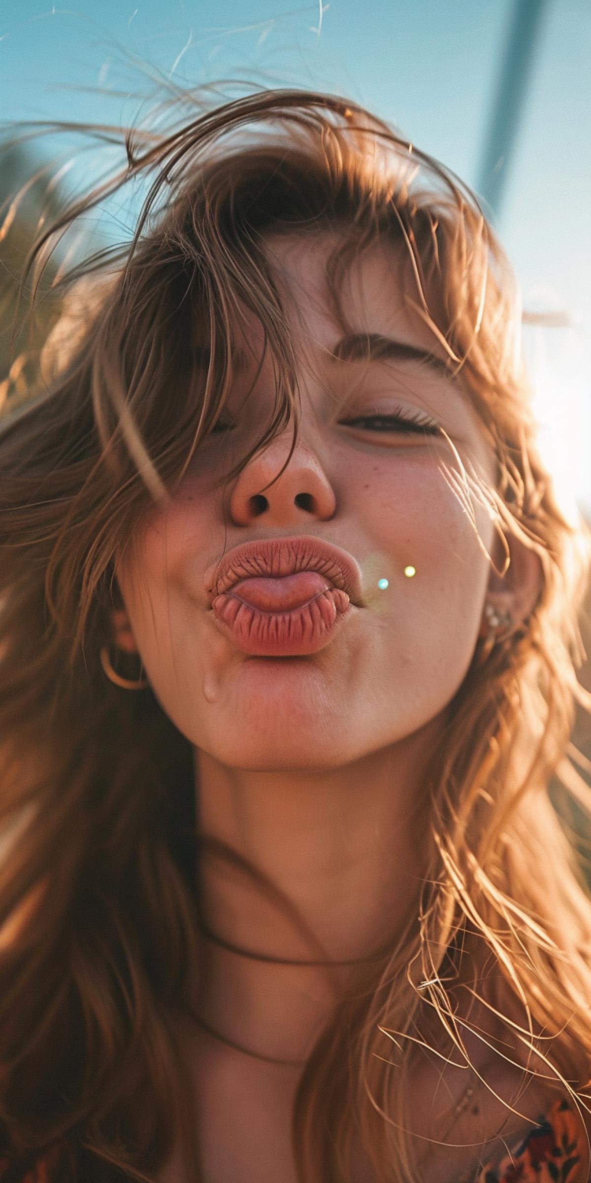 A beautiful girl with a cheerful grimace closed one eye and stuck out her tongue, warm sunny day, close-up photo portrait.