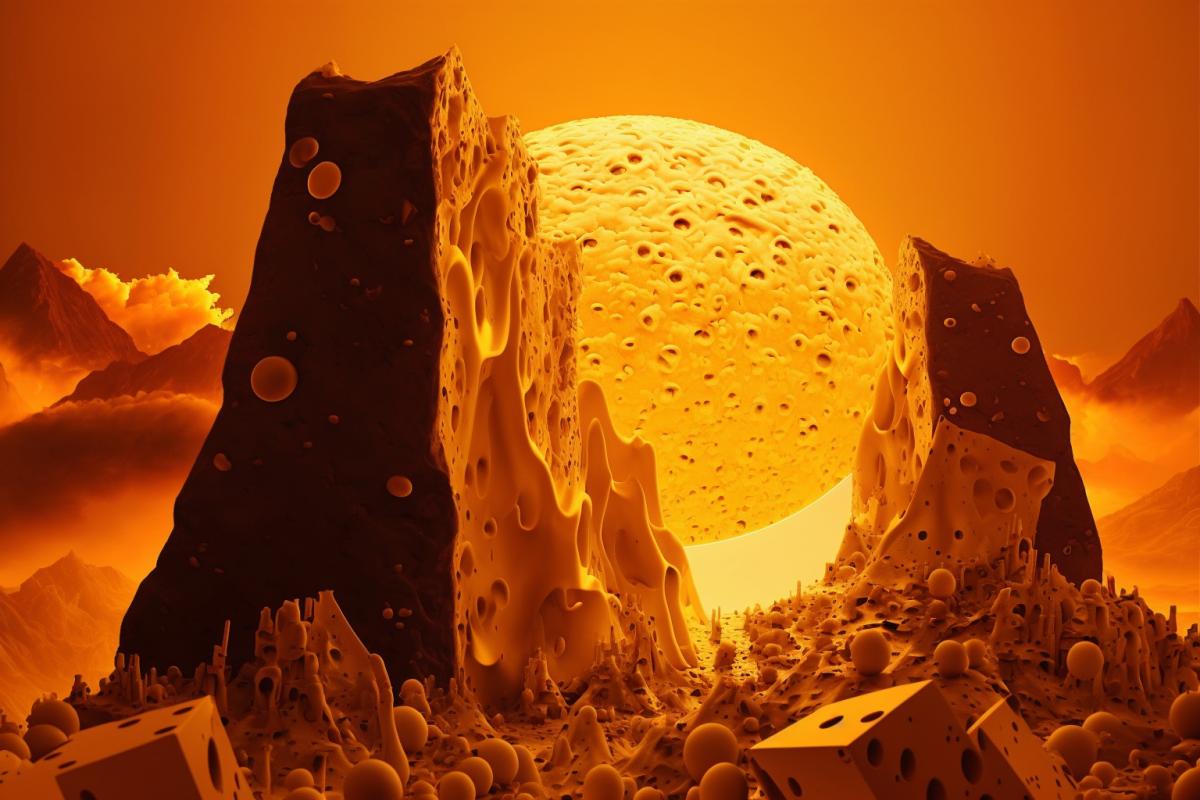 Cheese apocalypse in a damp world, cheese melts and melts and flows over cheese mountains into cheese valleys, flows past cheese trees, cheese houses, cheese clouds float in the damp sky, the cheese sun shines