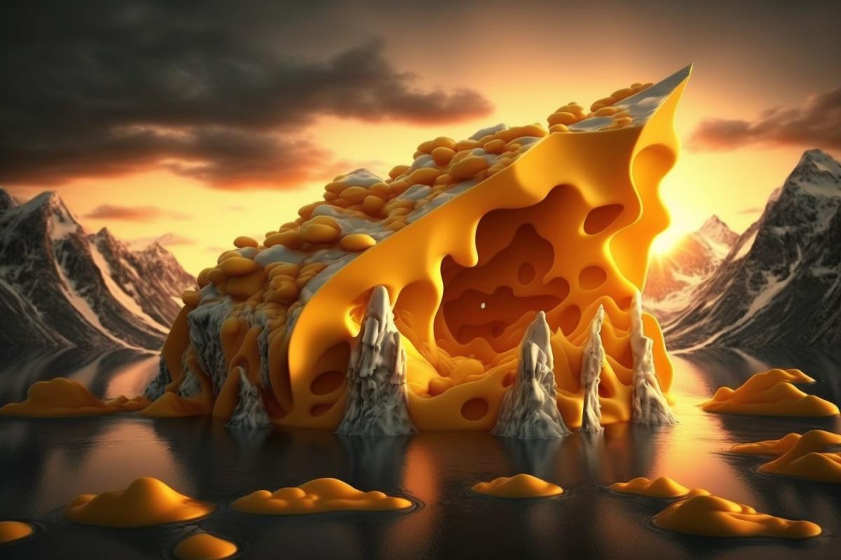 Cheese apocalypse in a damp world, cheese melts and melts and flows over cheese mountains into cheese valleys, flows past cheese trees, cheese houses, cheese clouds float in the damp sky, the cheese sun shines