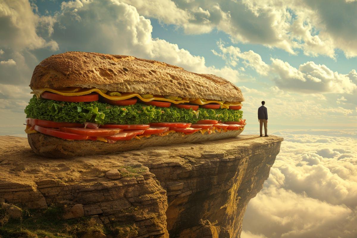 A man stands on the edge and looks at a very large, giant sandwich