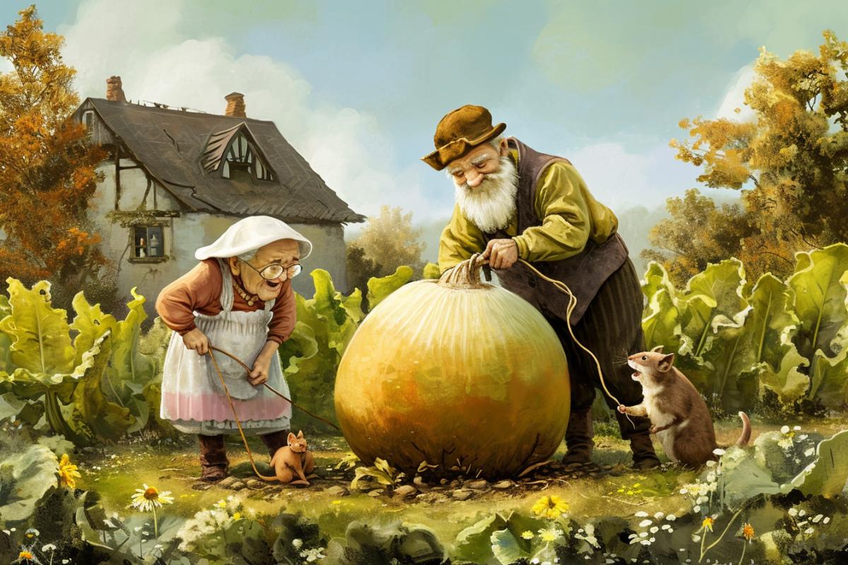 Illustration for the childrens fairy tale Turnip, grandfather and grandmother and granddaughter, dog, cat and mouse pull a huge turnip from the ground