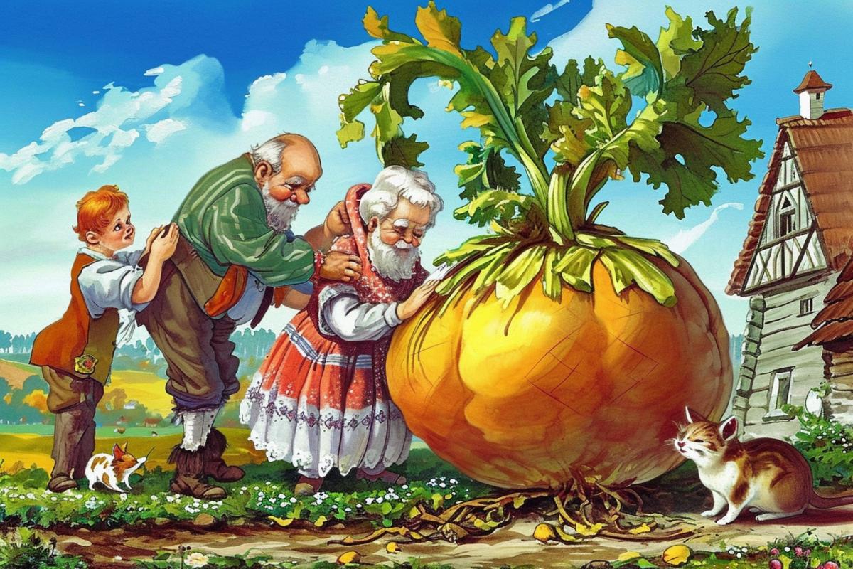 Illustration for the childrens fairy tale Turnip, grandfather and grandmother and granddaughter, dog, cat and mouse pull a huge turnip from the ground