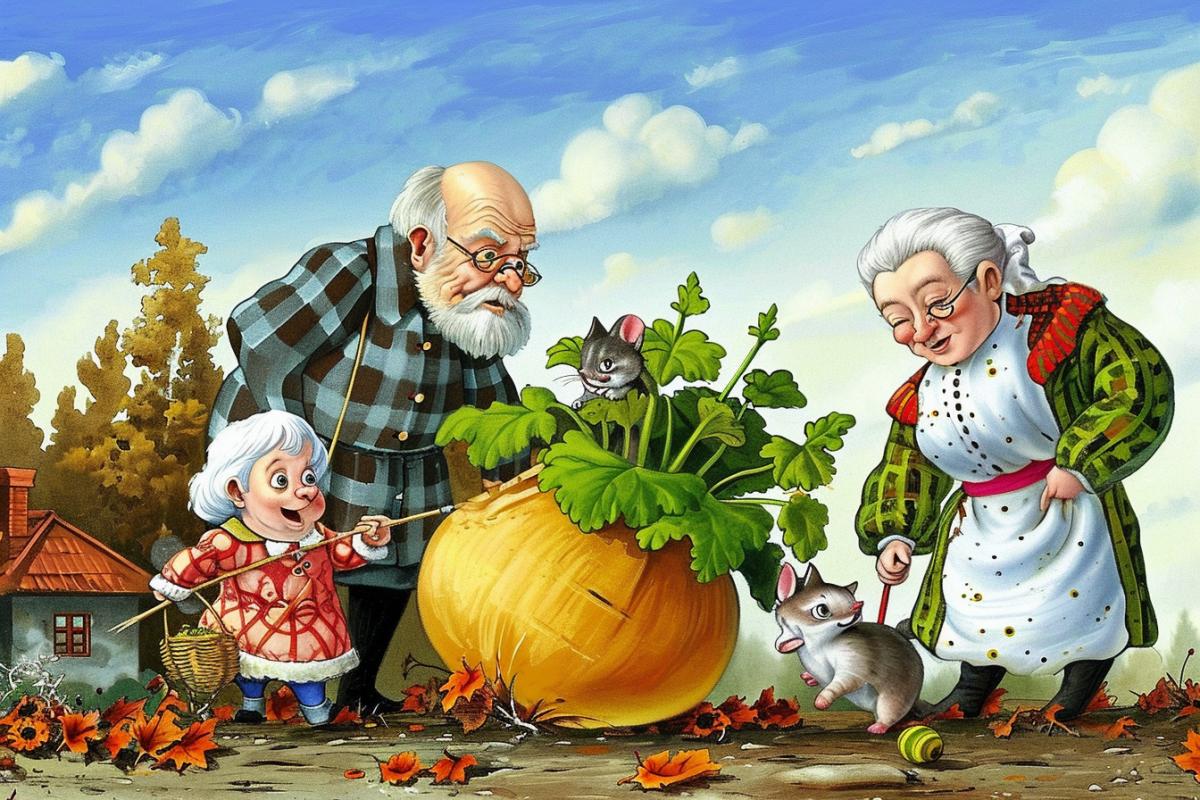 Illustration for the childrens fairy tale Turnip, grandfather and grandmother and granddaughter, dog, cat and mouse pull a huge turnip from the ground