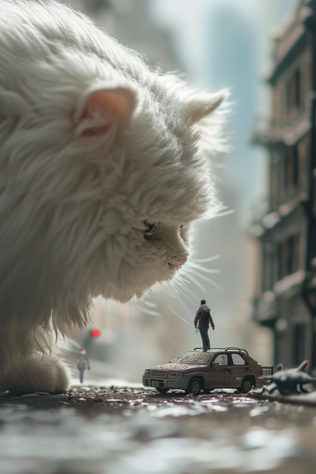 Giant fluffy cat invading the city terrified tiny microscopic people microscopic cityscape