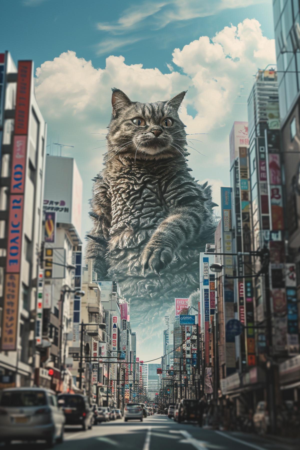 Godzilla-shaped cat on the street of a modern metropolis