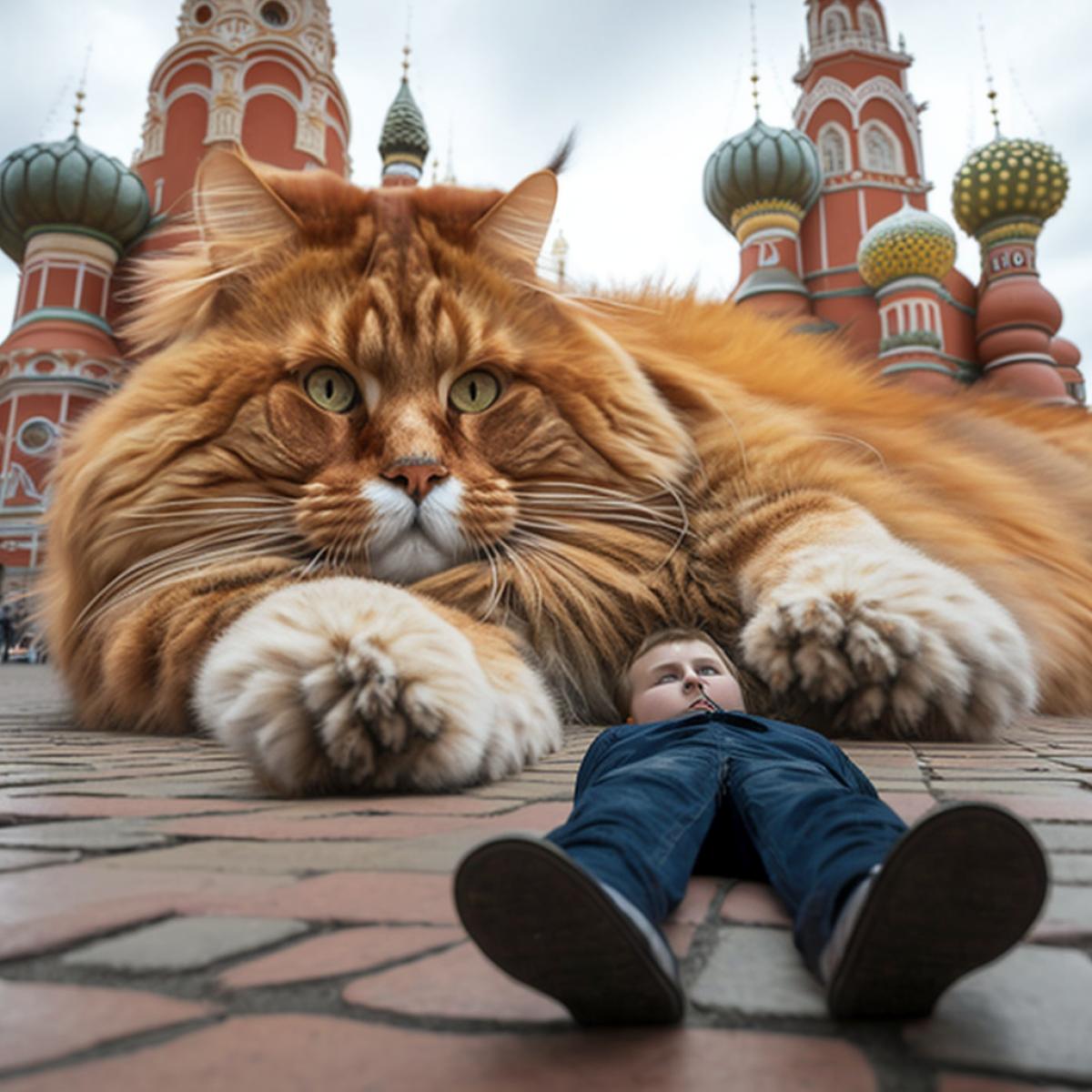 A lying giant fluffy cat with tiny persons by cats forepaws in the Red Square in Moscow, ultra realistic, photograph