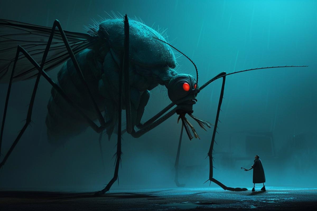 A giant, ominous mosquito wants to bite a fat man, a fat man is terrified, Pixar style, a mosquito twice the size of a human