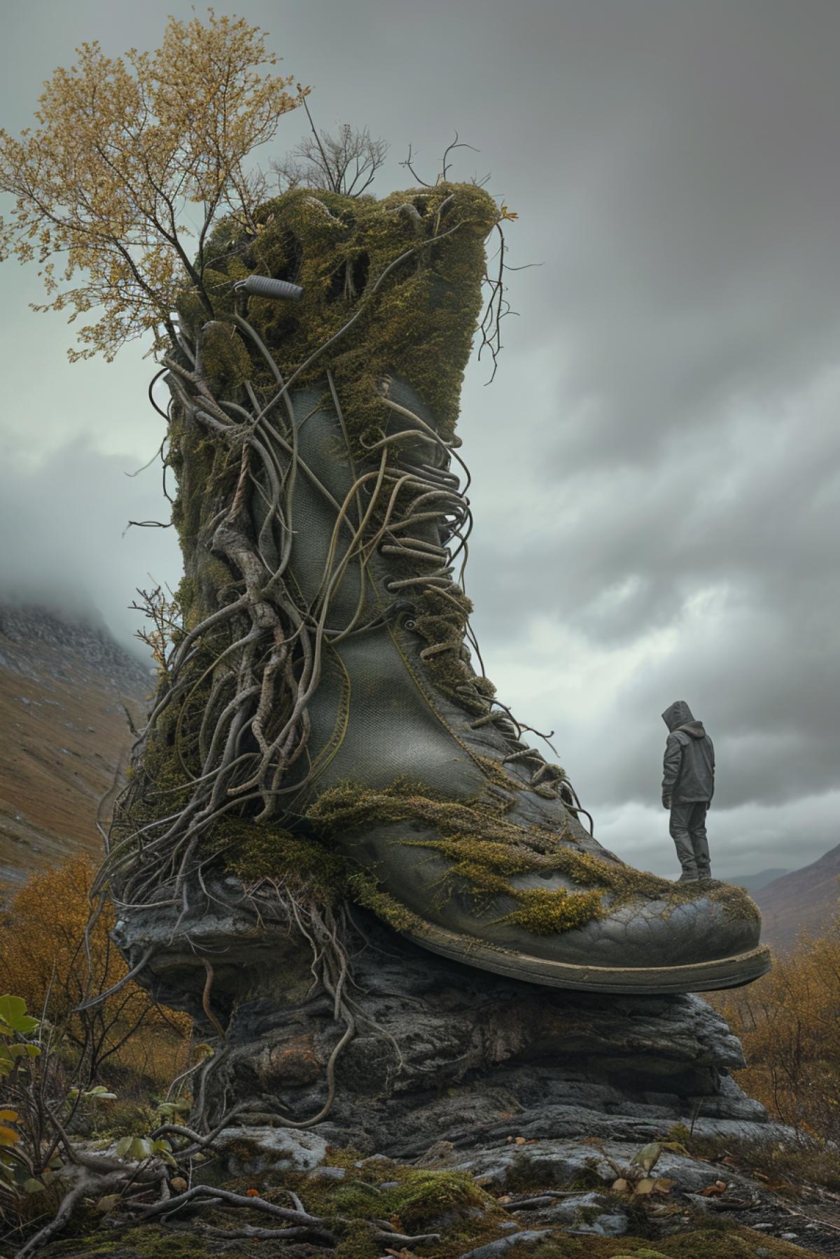 Huge boot taller than a tree, parallel world, time distortion