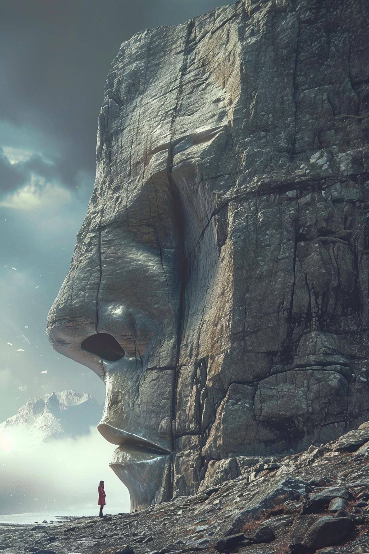 Huge nose in the rock, parallel world, time distortion, bright and rich colors, gothic style