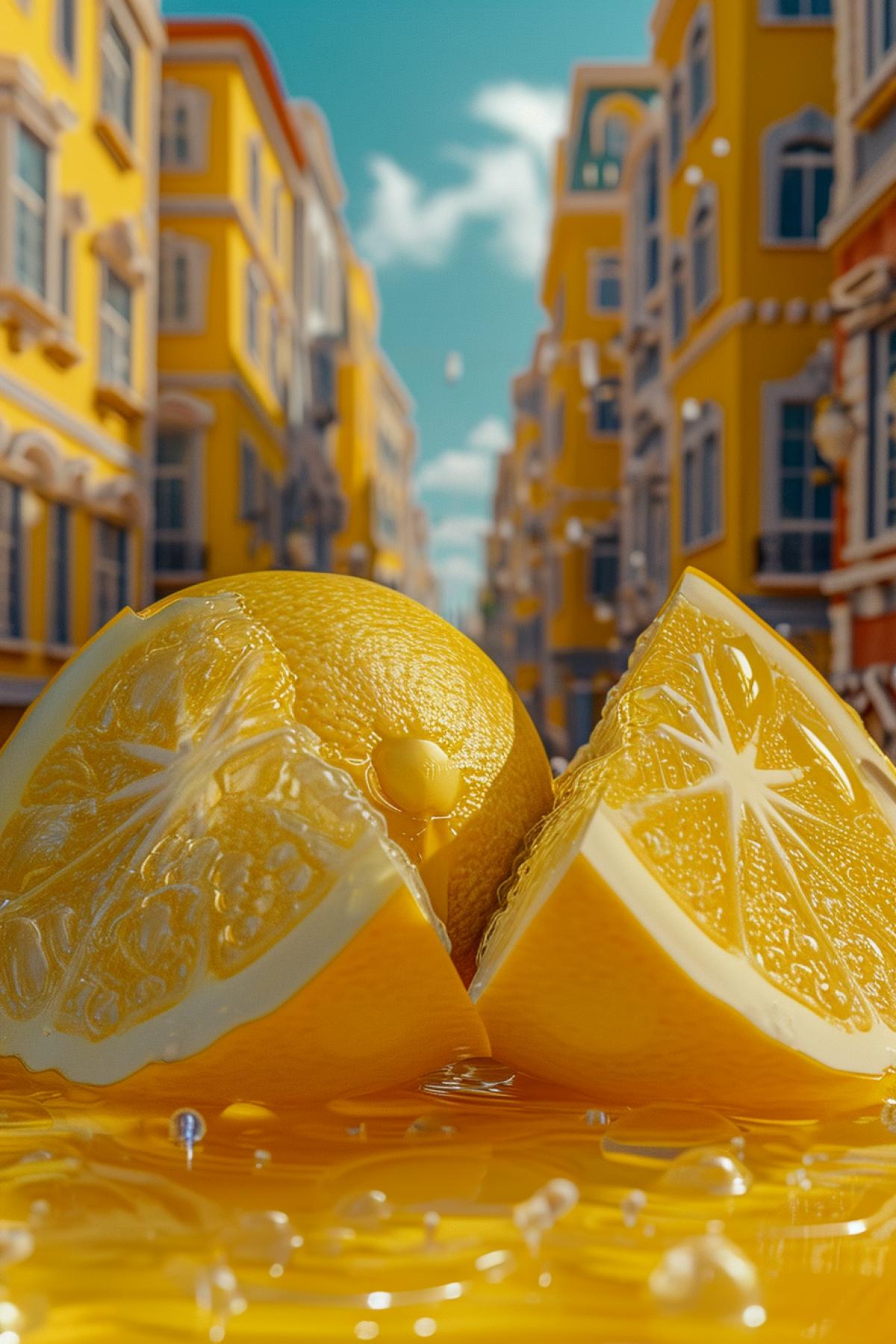 Low close-up view at giant bigger than houses cut into two sour juicy lemon in central Square of the city drops of juice sour sour delicious on the background of tiny buildings hyper realistic photo