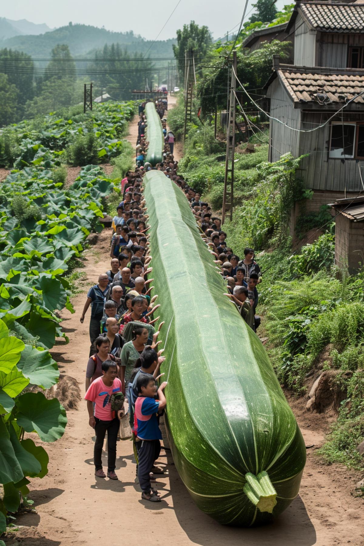 Hundred microscopic people carrying giant big long zucchini along the village street