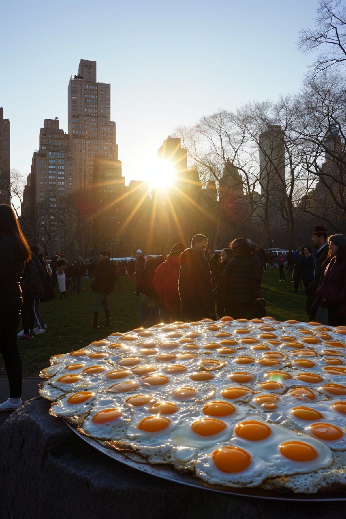 Giant twenty feet pan in the central park with fried eggs sunny side up