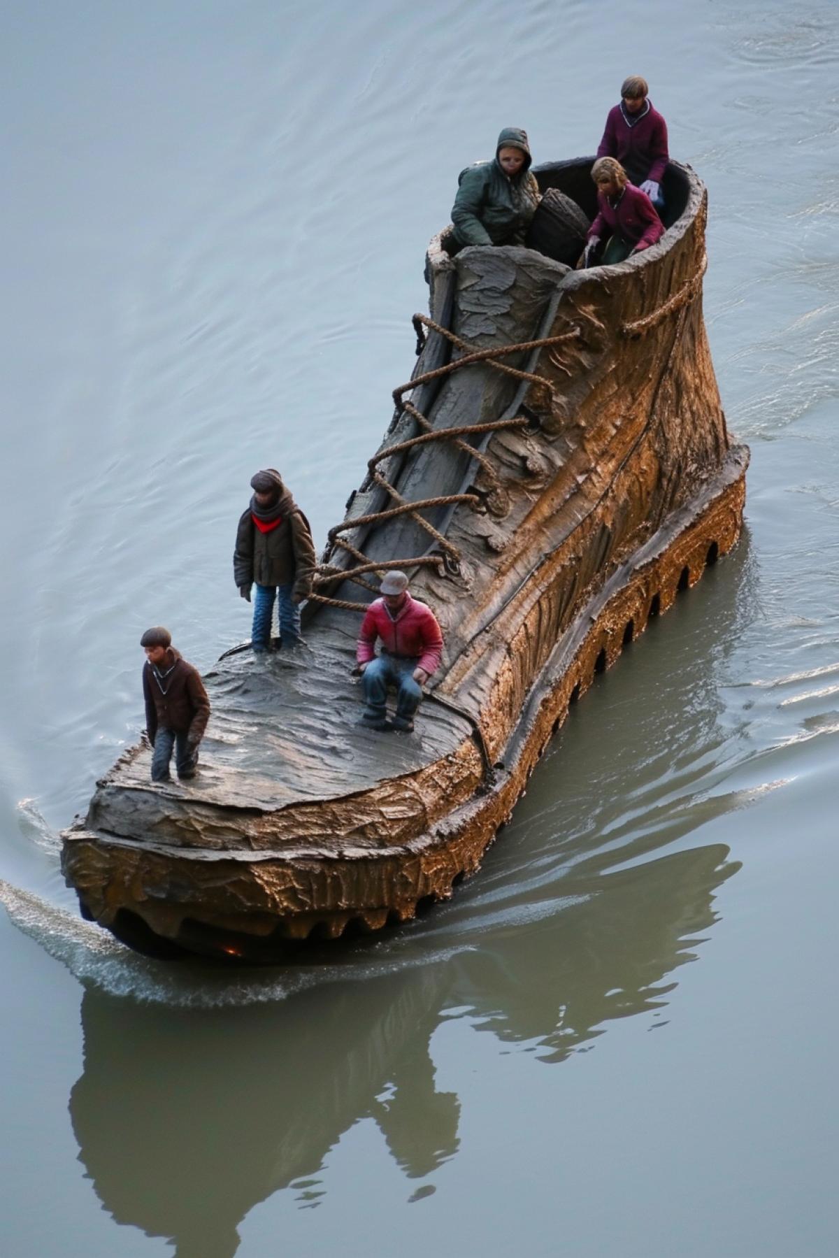 Microscopic people sailing along river in giant boot
