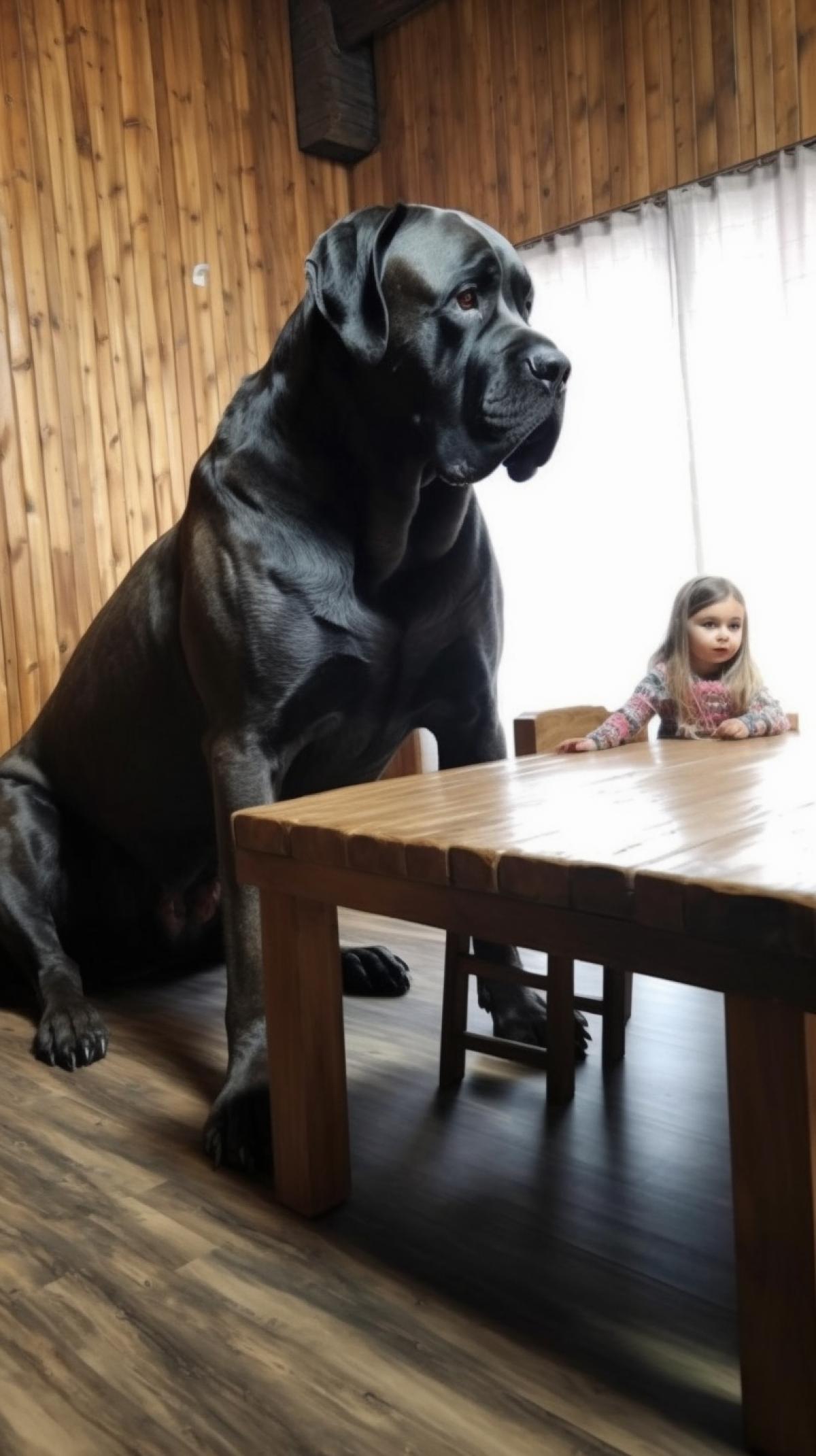 A huge giant dog of the Cane Corso breed is sitting at the table, next to a small girl. The dog is bigger than the table. Wooden table, wooden house. Realistic.