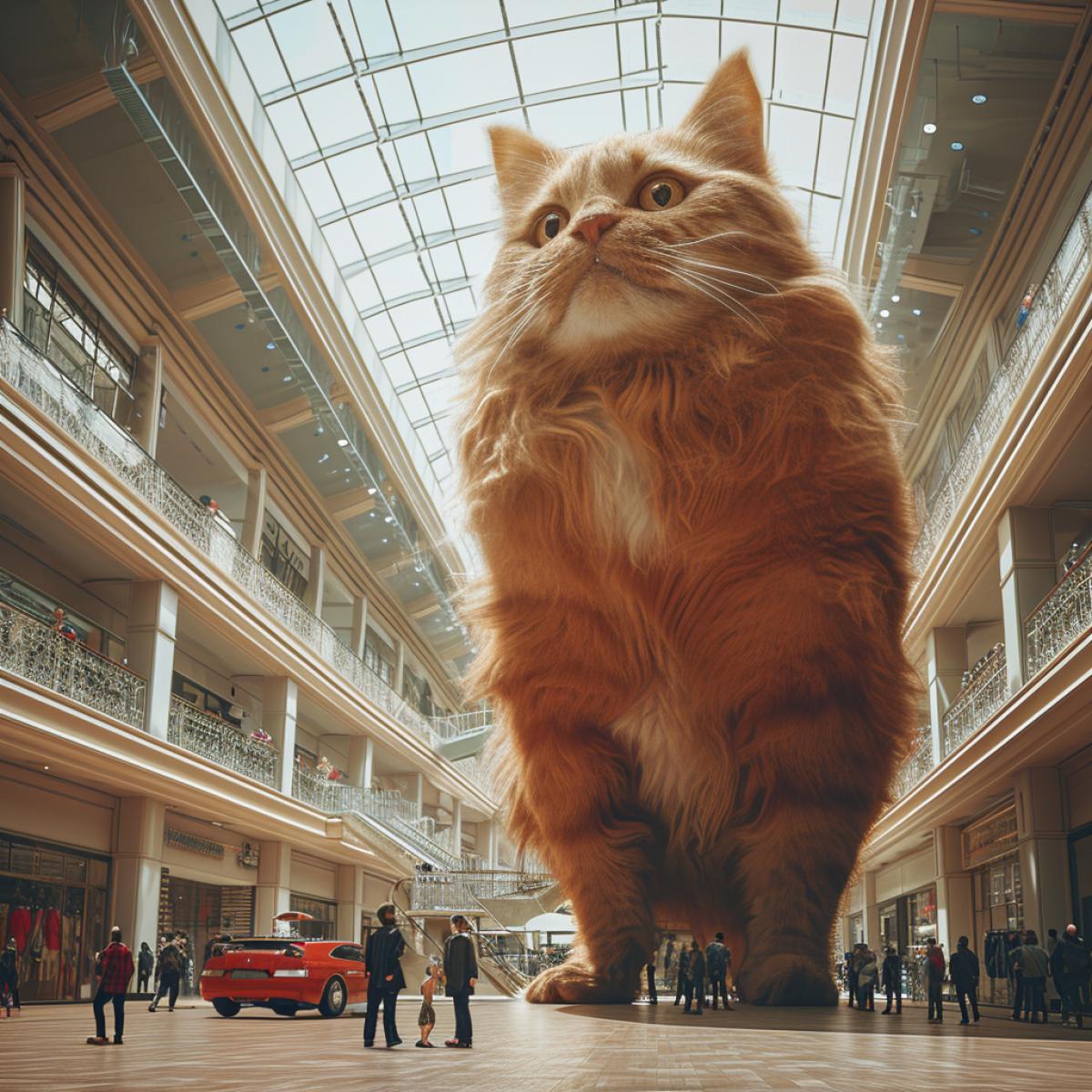 A huge red cat in a shopping center, next to small people looking in surprise. Photorealism, professional photo, advertising epic hyperrealistic detailed UHD, surreal vibes