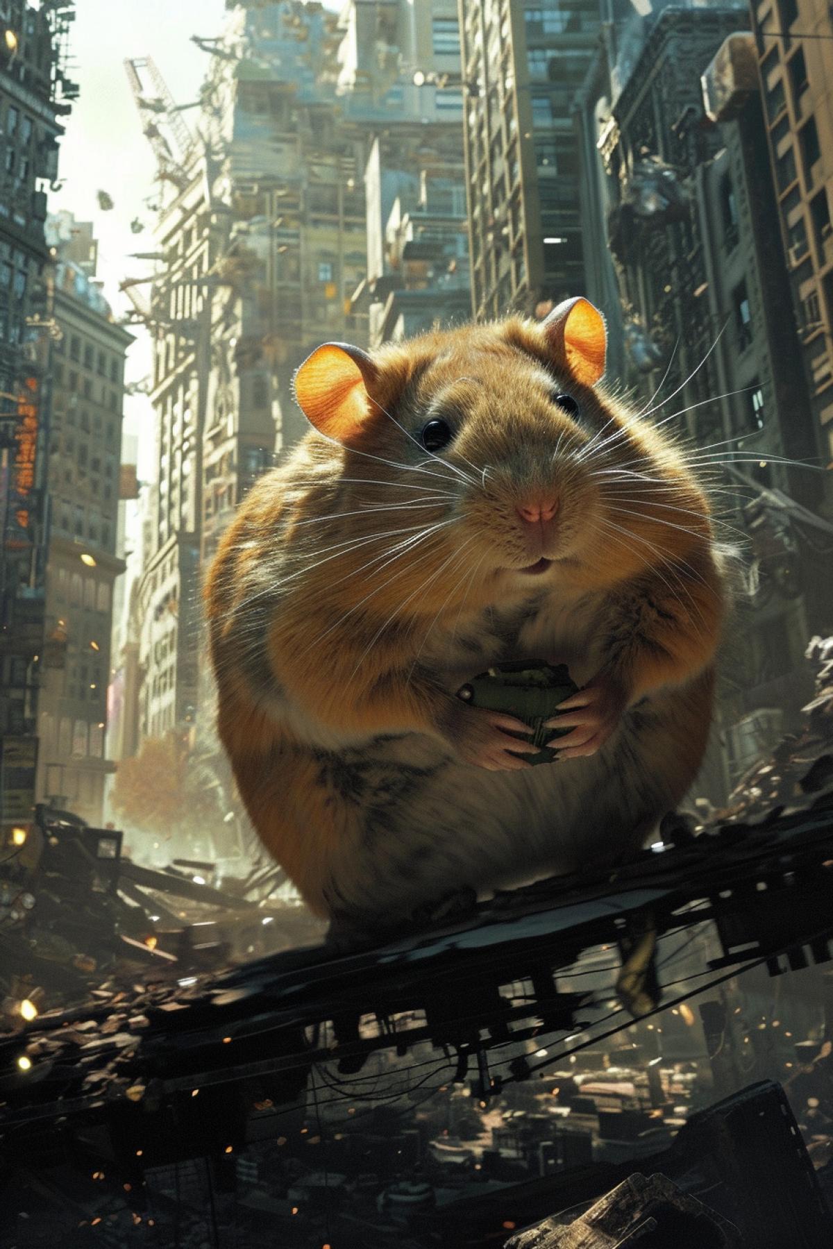 A Giant crazy hamster destroying big megapolis