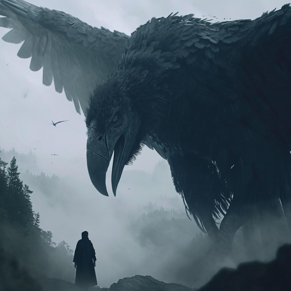 noir and dark, giant vulture silhouette with fog surrounding it, in the style of peter gric, gigantic scale, emily carr, concept art, dino valls, made of mist, animated gifs