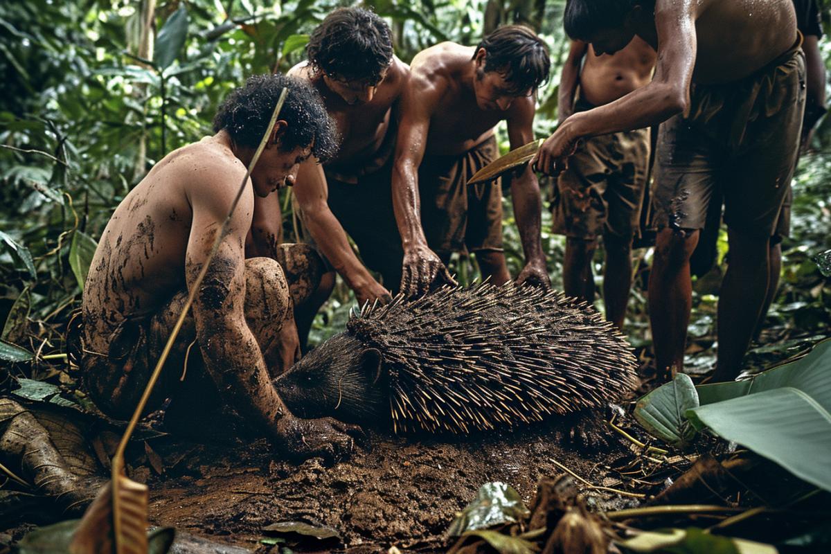 Primitive people butchered a giant hedgehog larger than an elephant after a successful hunt. National Geographic Documentary Photography