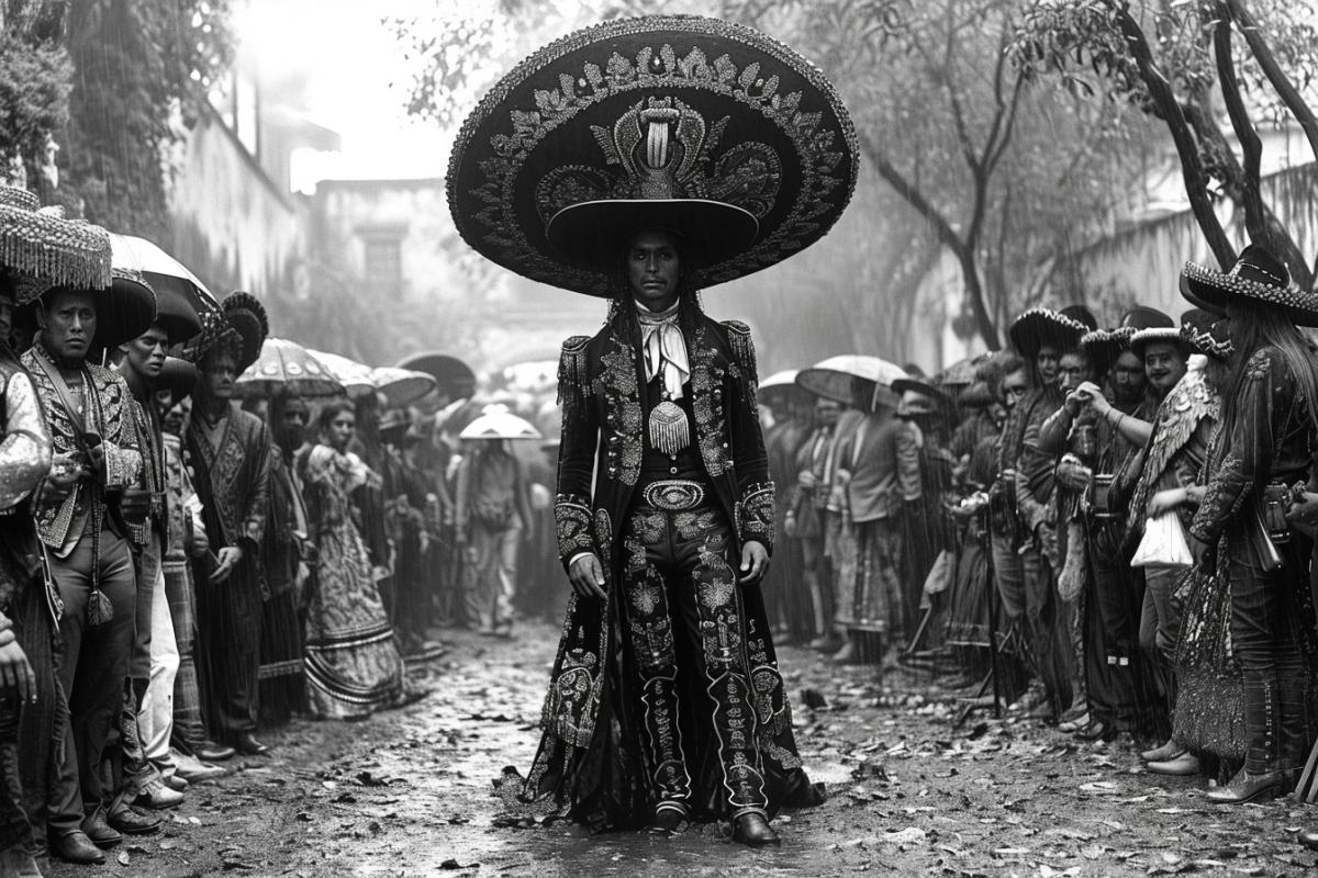 Mariachi in a very large, simply gigantic sombrero, under which all the people of the city take shelter from the rain