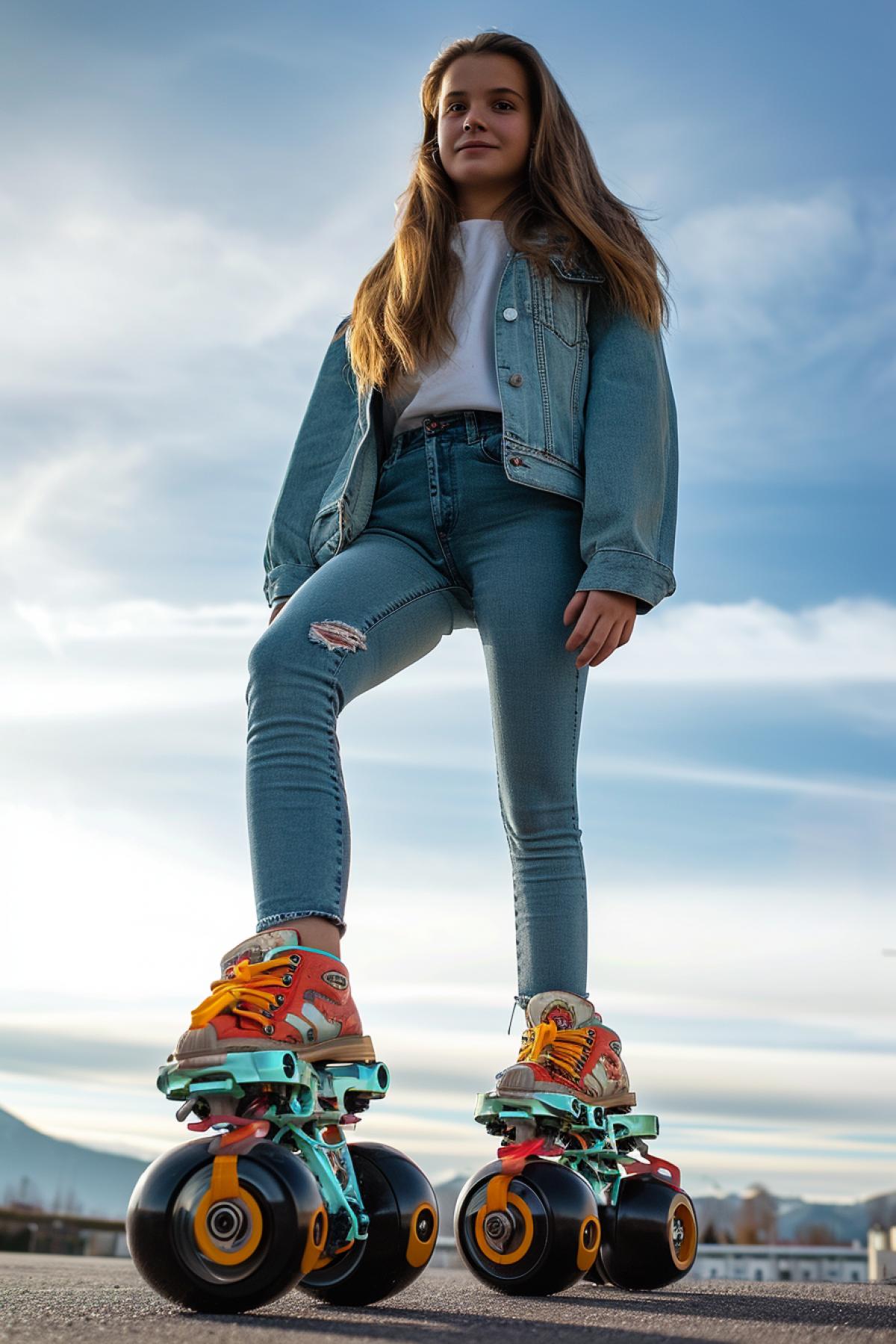 20-year-old beautiful girl on giant roller skates with giant enormous monstrous one meter in diameter rollers